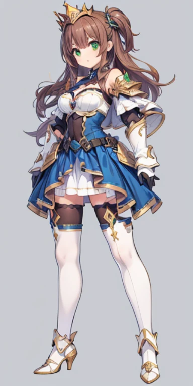((masterpiece:1.2)), ((highest quality)), concept art, character concept art, character sheet, (masterpiece), best quality, 1girl, solo, a girl in armor and a crown,white armor, golden decoration, off-shoulder, breasts, thighhighs, long hair, brown hair, sidetail, armored legs, cleavage, bare shoulders, zettai ryouiki, crown, gloves, armor, simple background, white gloves, high heels, shoulder armor