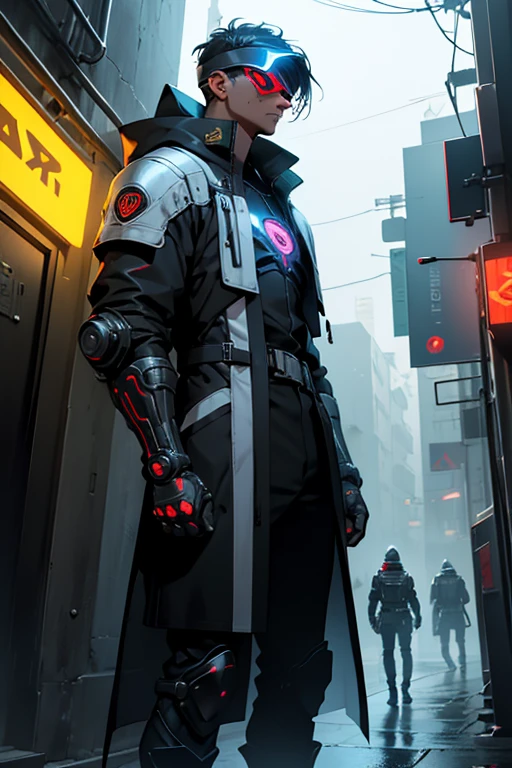 Em um beco escuro da cidade cyberpunk, a slender and athletic individual stands out, of medium height, vestido em uma armadura futurista de cor negra, elegante e resistente. The armor is adorned with vibrant yellow LEDs, que piscam e pulsam, criando uma aura futurista ao seu redor. His face is partially hidden by a futuristic visor that highlights his eyes, que possuem a esclera preta e pupila amarela, adicionando um toque sinistro ao seu olhar. Equipado com um par de smartelos de alta tecnologia, whose blades shine with a menacing light.
Sobre a armadura, he wears a black overcoat that drags lightly on the floor, giving it an even more imposing presence as it moves through the cityscape. His arms, evidencing cybernetic modifications, They are powerful and resilient, a perfect match with your determined nature. His rigid posture and calculated movements suggest a cunning and determined personality., as he navigates the chaotic streets of the futuristic metropolis."