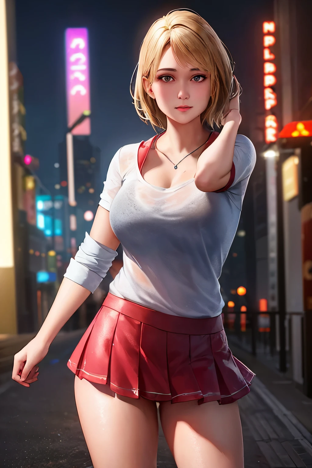 1girl, cowboy shot of supergirl, white shirt, red skirt, athletic, city, night, neon, rain, volumetric lighting, best quality, masterpiece, intricate details, tonemapping, sharp focus, hyper detailed, trending on Artstation, realistic, 