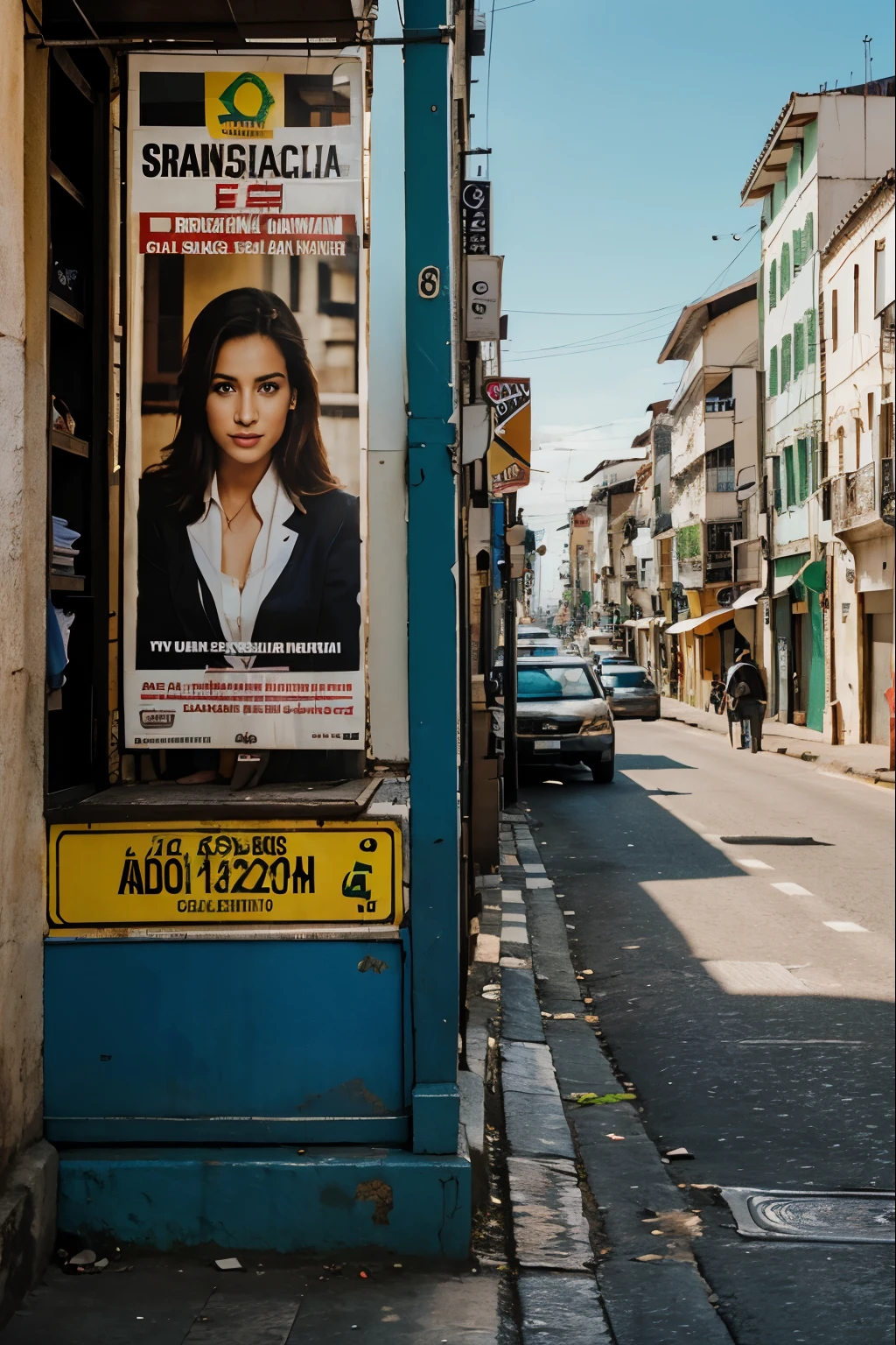realistic photo, single poster on the city street of brazil, day time