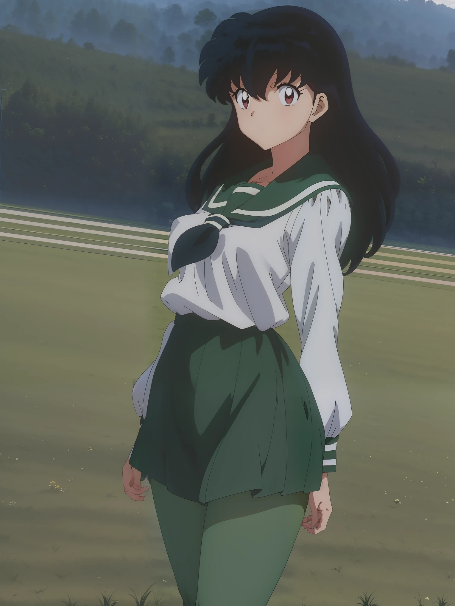 (Masterpiece: 1.6, Best Quality), (Fine Beautiful Eyes: 1.2), (best quality, masterpiece, highres), kagome higurashi, 1girl, solo, brown eyes ,green school uniform, soft thighs , long sleeves, white socks, scenery , Best Quality, ((anime)) ((Colored)) HD, ,Standing, Green skirt, Red scarf, long hair, Black hair between the eyes, Thighs are soft, school background , green pantyhose