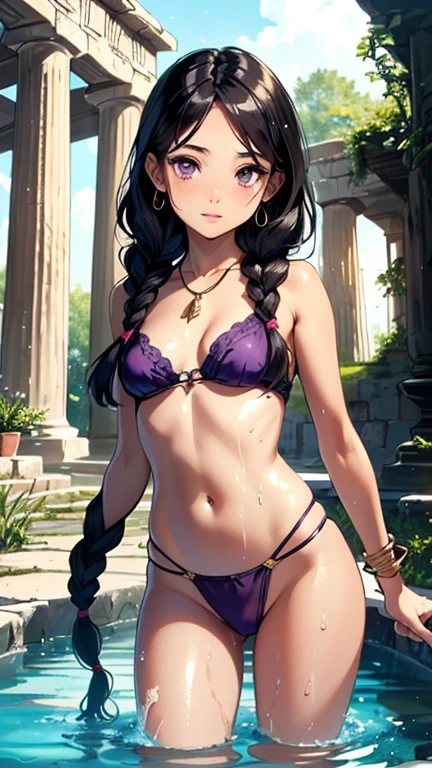 little tribal,(((little ,small tiny body,,chibi,small))),((())),(((1 toddler:1.4))),(baby face),(round face),(little chest),(big forhead:1.2),(beautiful big eyes:1.3),extremely detailed cute anime face,
(((flat chest))),((((long twin braids,tight braids,long braid,braided hair,long hime cut,dark hair,black hair,colored inner hair)))),(((purple_eyes:1.3))),intricate eyes,beautiful detailed eyes,symmetrical eyes,(big eyes:1.5),((((lustrous skin:1.5,tanned skin,bright skin: 1.5,skin tanned,shiny skin,very shiny skin,shiny body,Reflective skin)))),(((detailed face))),beautiful detailed lips,
(cute,kawaii,(nsfw)),🦄,🌈,
no top,no bra,loincloth with no panties,tatters,tribal,barefoot,bare arms,exposed belly button,necklace,((pink loincloth,wet loincloth,intricate loincloth)),
dynamic pose,looking at viewer,embarrassed,centered,scale to fit dimensions,Rule of thirds,
((beautiful bath house made of greek marble and pillars, beautiful clear water in pool)),scenery:1.25,((intricate scenery)),((greek temple background)),outdoors,overgrown,(overgrown background,glowing crystals,bioluminescent plant),extremely scenery,(((glowing crystals,bioluminescent plants))),(puddles everywhere,moss,moss on the background),clouds,lily pads,palms,reeds,(sunset, golden hour),
(Glossy Egyptian ornaments),highres,sharp focus,(ultra detailed,extremely detailed),(photorealistic artwork:1.37),(extremely detailed CG unity 8k wallpaper),(((vibrant colors,vibrant theme))),(intricate),(masterpiece),(best quality),