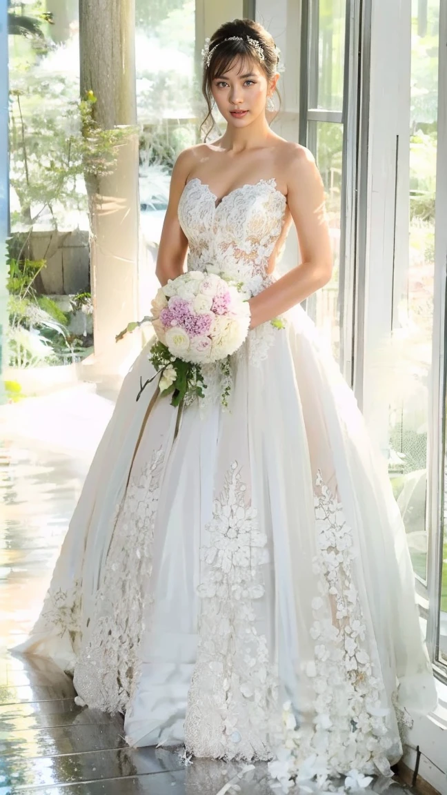 1 Japanese female、((alone))、alone、bride、Wearing White wedding dress、happiness、((Show me your forehead))、Are standing、short hair、detailed face、High resolution、((whole body))、whole body、She is a beautiful woman to marry、High quality and beautiful、shining face,((Holding a big bouquet of flowers)),Shot in a forest,VancouverOGForest,wedding dress、white high heels,looking at viewer