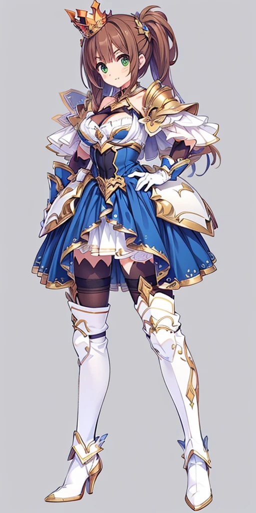 ((masterpiece:1.2)), ((highest quality)),((three-sided view, front view, side view, back view, multiple views, multiple poses and expressions, many parts)), concept art, character concept art, character sheet, (masterpiece), best quality, 1girl, solo, a girl in armor and a crown,white armor, golden decoration, off-shoulder, breasts, thighhighs, long hair, brown hair, sidetail, green eyes, armored legs, cleavage, bare shoulders, zettai ryouiki, crown, gloves, armor, simple background, white gloves, biue dress, high heels, shoulder armor