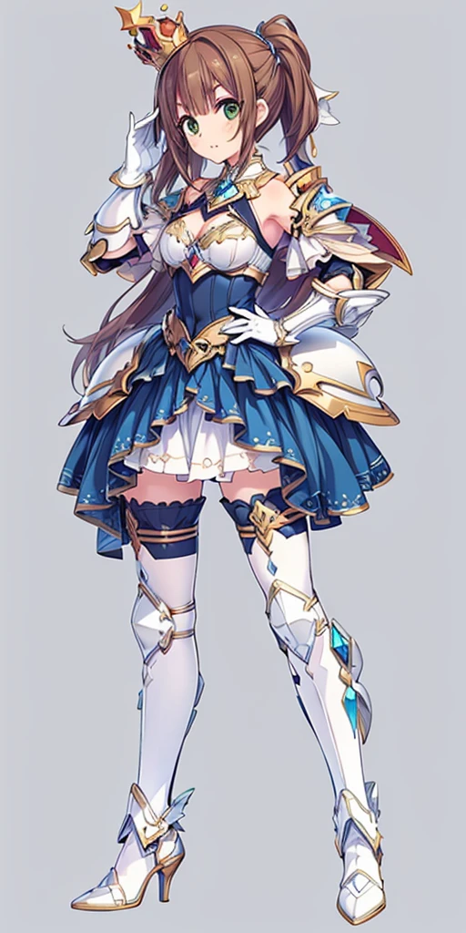 ((masterpiece:1.2)), ((highest quality)),((three-sided view, front view, side view, back view, multiple views, multiple poses and expressions, many parts)), concept art, character concept art, character sheet, (masterpiece), best quality, 1girl, solo,  a girl in armor and a crown,white armor, golden decoration, off-shoulder, breasts, thighhighs, long hair, brown hair, sidetail, green eyes, armored legs, cleavage, bare shoulders, zettai ryouiki, crown, gloves, armor, simple background, white gloves, biue dress, high heels, shoulder armor