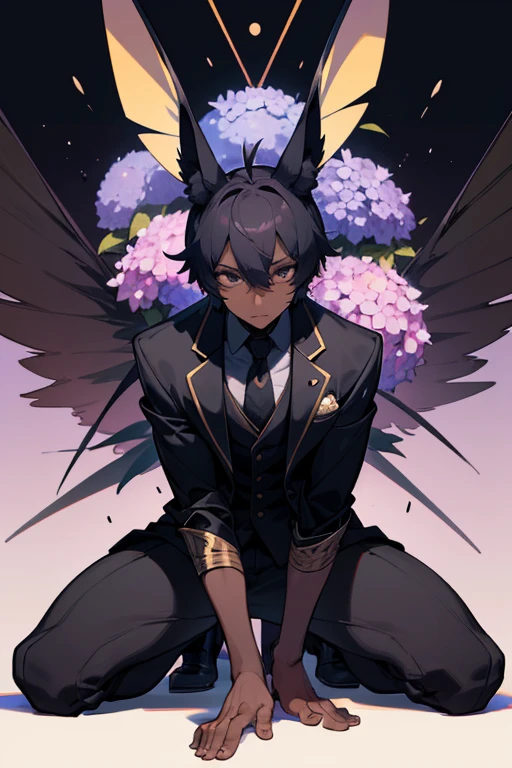 cartoon, man, boy, anubis species, scarab beetle, scarab antennas, wings, kemonomimi, (highest picture quality), masterpiece, best quality, extremely detailed CG wallpaper, ultra_detailed, black eyes, 1man, solo, tall, short_uncommon_hairstyle, masterpiece, best quality, black and purple, suit, grey skin color, hydrangea,