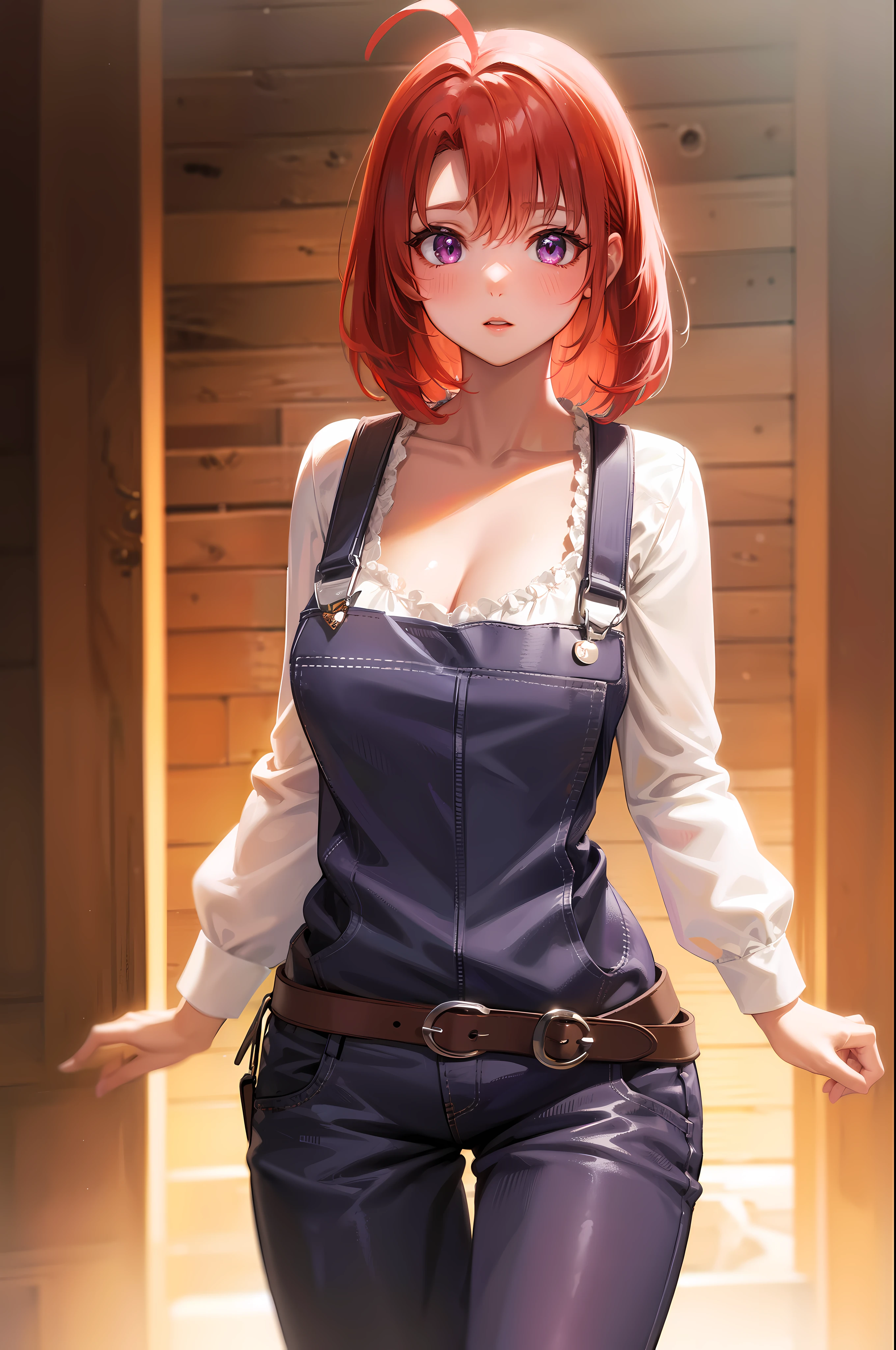 cowgirl, cowgirl, Ahoge, red hair, (purple eyes:1.1), Short hair, break cleavage, clavicle, flounce, long sleeves, smock, shoulder strap, break looking at viewer, whole body, upper body, (cowboy shot:1.5), break outdoors, farm, break (masterpiece:1.2), best quality, high resolution, unity 8k wallpaper, (illustration:0.8), (beautiful and delicate eyes:1.6), very detailed face, perfect lighting, Highly detailed CG, (perfect hands, complete anatomy),NSFW