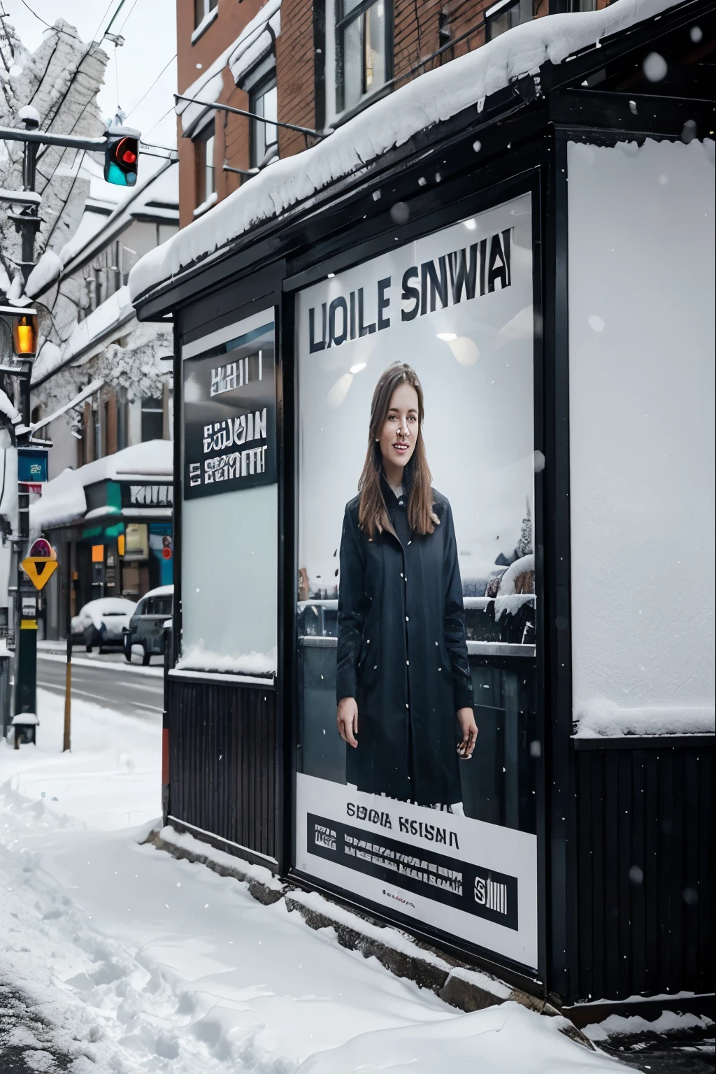 realistic photo, single poster on the city street of Finland, day time, snow