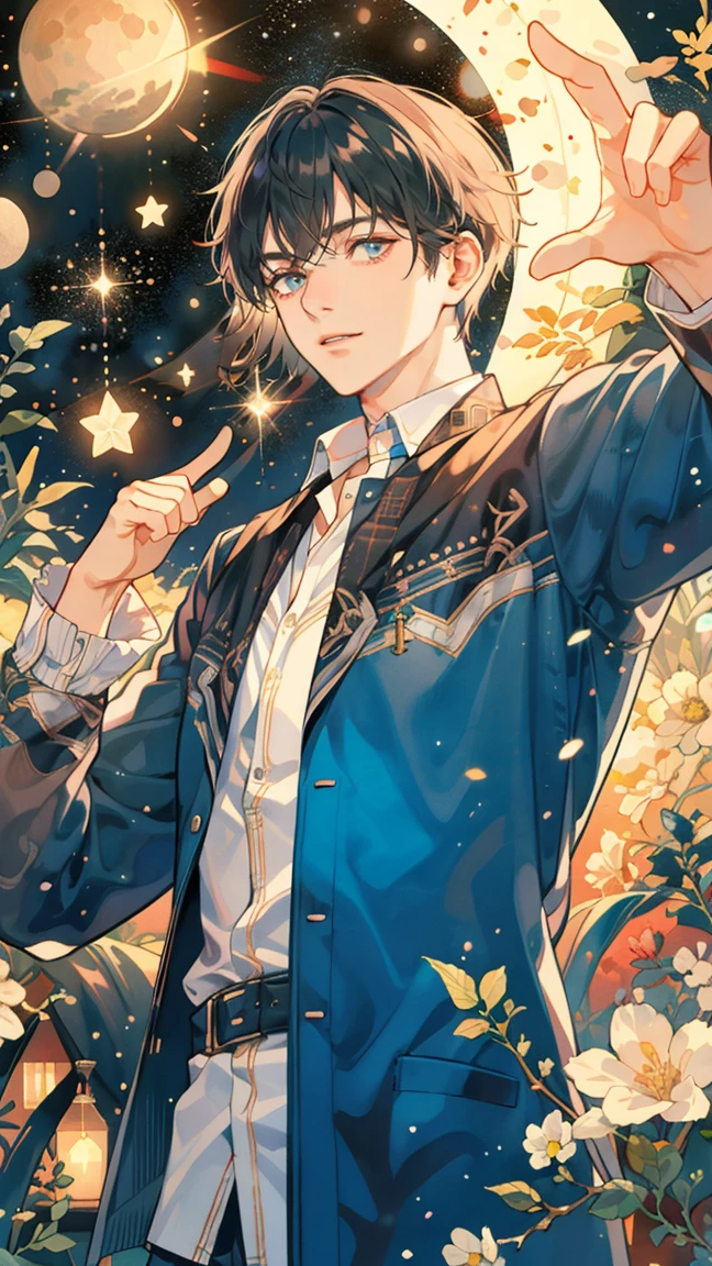 (((masterpiece))),best quality, whitetown,starry sky, 1 man, smile