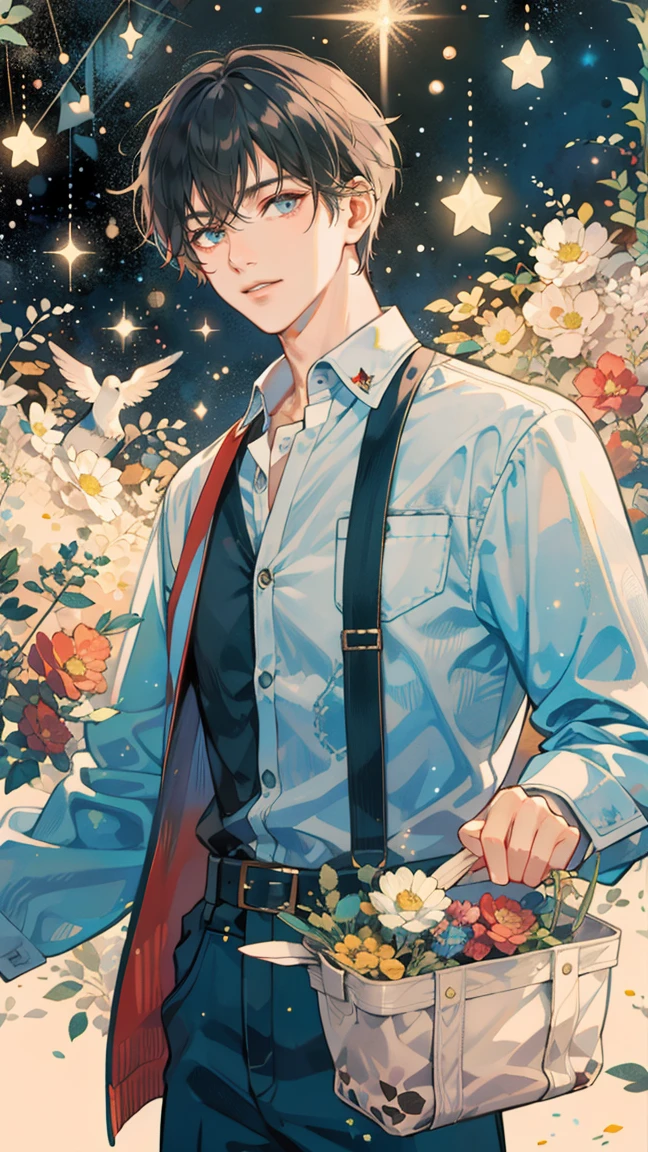 (((masterpiece))),best quality, whitetown,starry sky, 1 man, smile