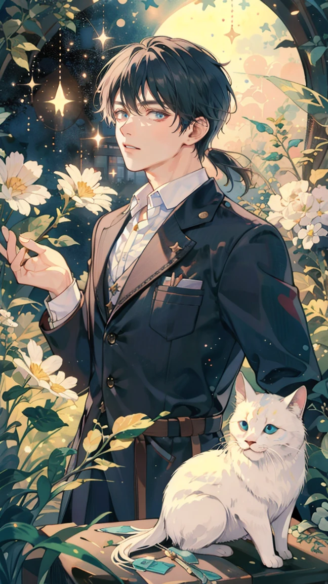 (((masterpiece))),best quality, whitetown,starry sky, 1 man, smile