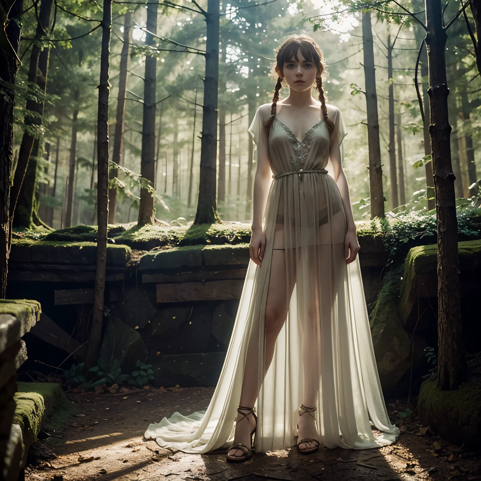 Sophia Lillis, plump body, braided hair, fantasy forest, fantasy picture, sheer gown