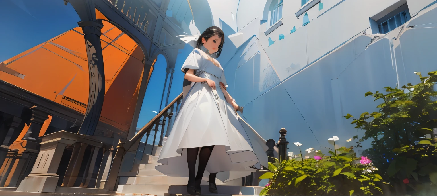 there is a woman in a white dress and black stockings standing in front of a building, realistic