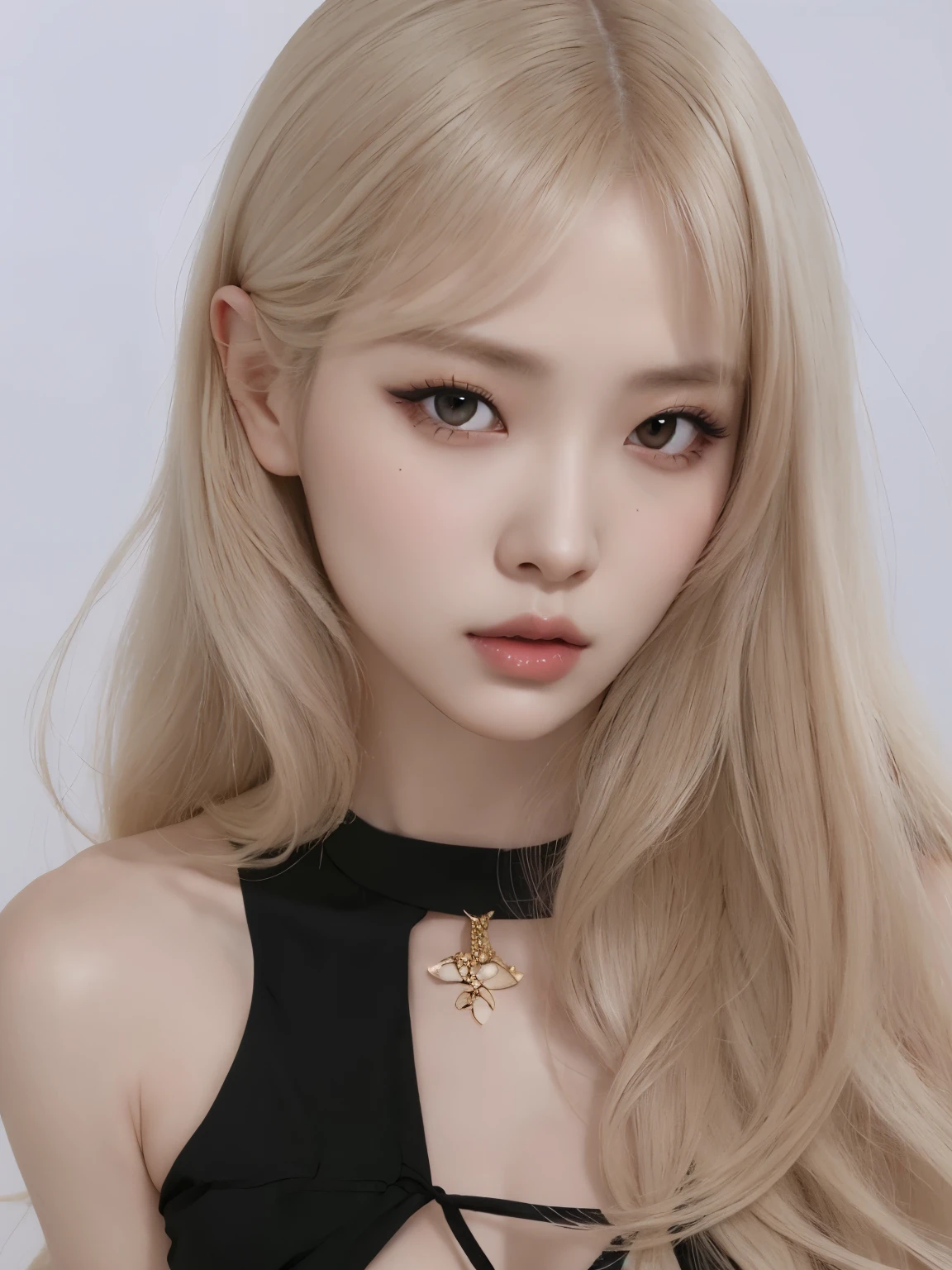 mulher coreana  de cabelos loiros com olhos azuis e um top preto, longos cabelos loiros e olhos grandes, cabelos loiros e olhos grandes, long cabelos loiros e olhos grandes, Ulzzang, extremely pale blond hair, com cabelos longos e olhos penetrantes, Asian girl, pale porcelain white skin, very very pale blond hair, Retrato de uma mulher coreana, pale fair skin!!
