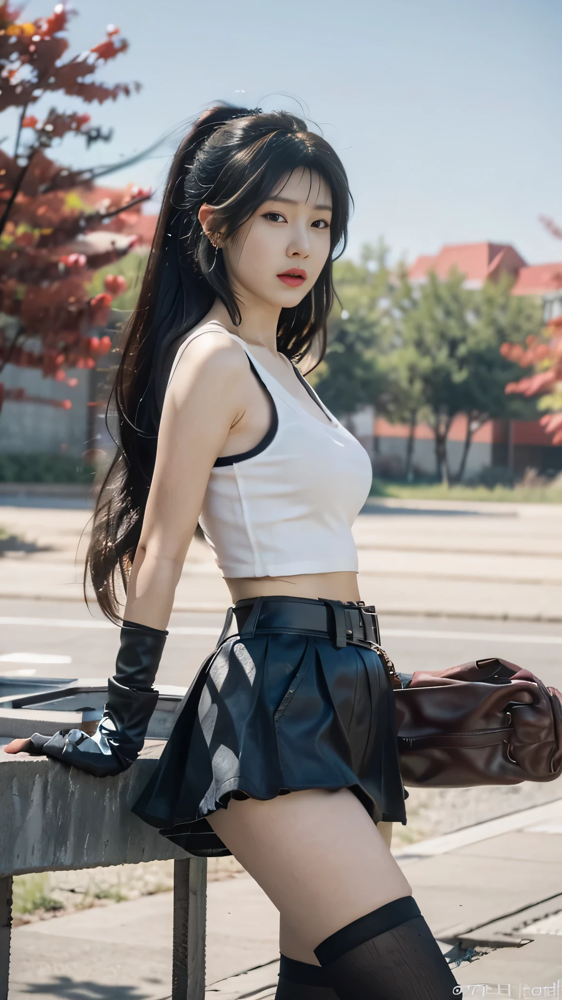 best quality, masterpiece, 1 girl, perfect beautiful face, (photo photo:1.3), edge lighting, photography lighting, (high detail skin:1.2), 8k ultra hd, DSLR, high quality, high resolution, white skin, detailed textured skin, half body in frame, sexy posing, poker face, perfect propotion face, symetric face, eye level shot, 4k, 8k, bokeh, absurd, best ratio four fingers and one thumb, (realistic:1.3), beautiful detailed girl, cute 1girl, dark brown hair, long hair, ponytail, bangs, volume hairs, collosal-breast, full looking breast, projecting breast, slim waist, slender, small thighs, perfectly proportion, gloves,fingerless gloves,breasts,,thighhighs,crop top,spaghetti strap tank top,skirt,black thighhighs, skirt,black skirt,earrings,jewelry,midriff,white tank top,black gloves, boots,underwear,panties,miniskirt,belt,white panties, beautiful outdoor background, detailed background, trees, clouds, tifa