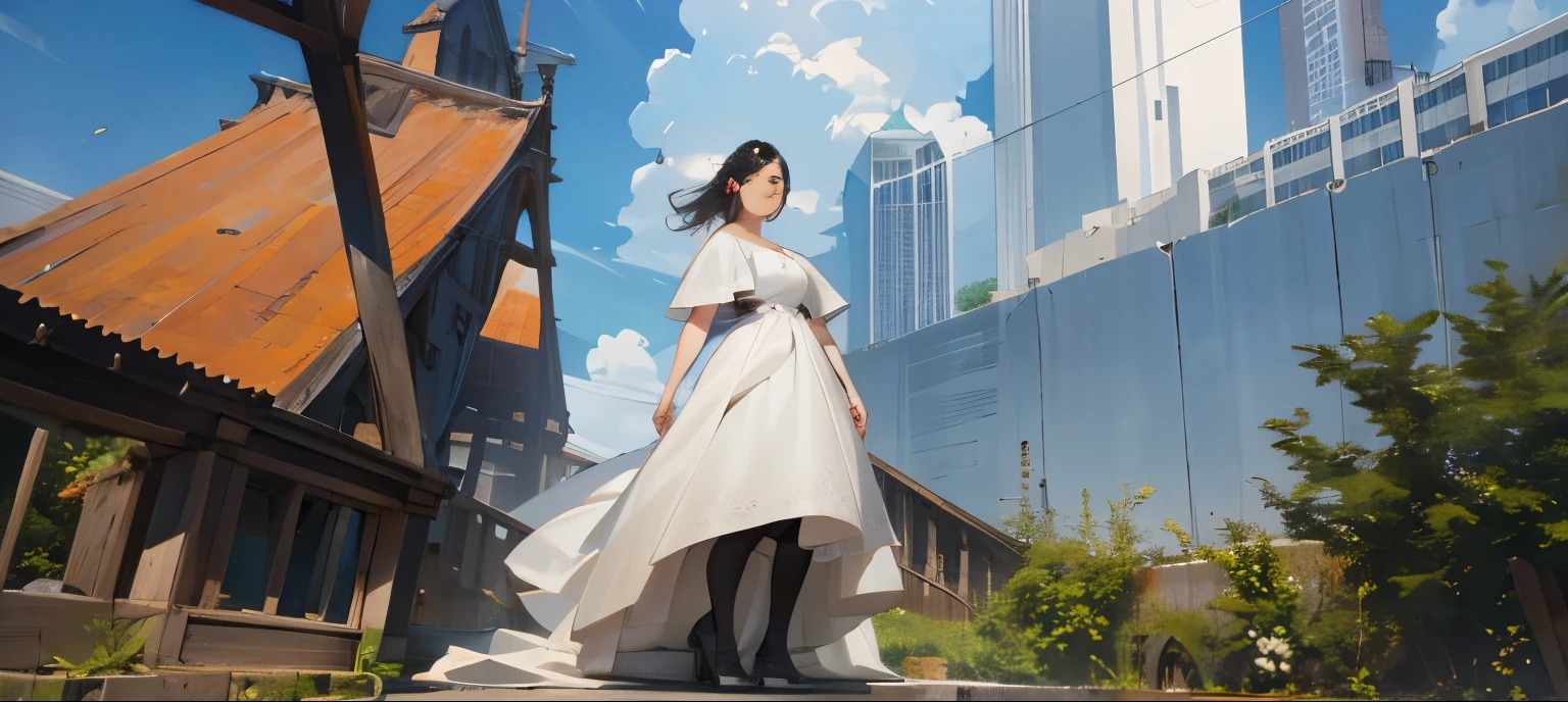 there is a woman in a white dress and black stockings standing in front of a building, realistic