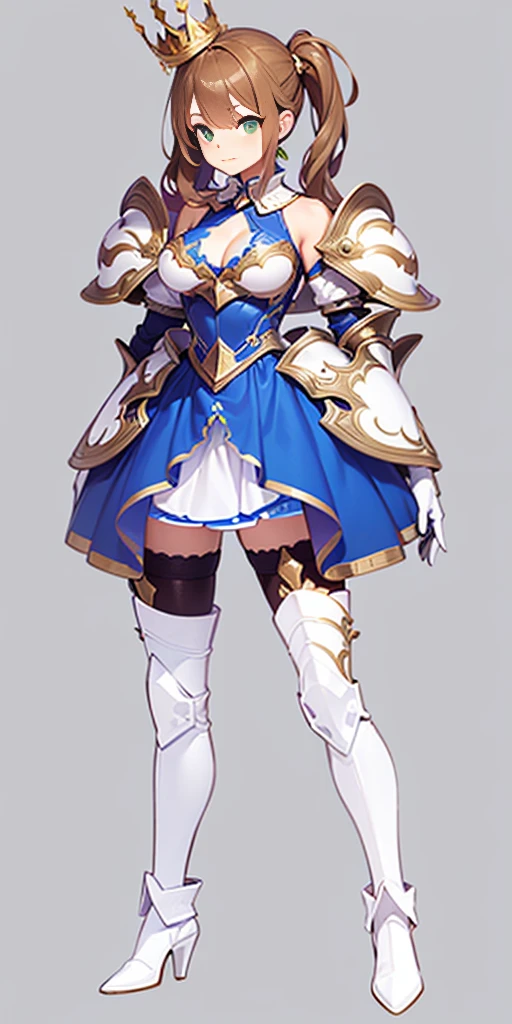 ((masterpiece:1.2)), ((highest quality)),((three-sided view, front view, side view, back view, multiple views, multiple poses and expressions, many parts)), concept art, character concept art, character sheet, (masterpiece), best quality, 1girl, solo, a girl in armor and a crown,white armor, golden decoration, off-shoulder, breasts, thighhighs, long hair, brown hair, sidetail, green eyes, armored legs, cleavage, bare shoulders, zettai ryouiki, crown, gloves, armor, simple background, white gloves, biue dress, high heels, shoulder armor
