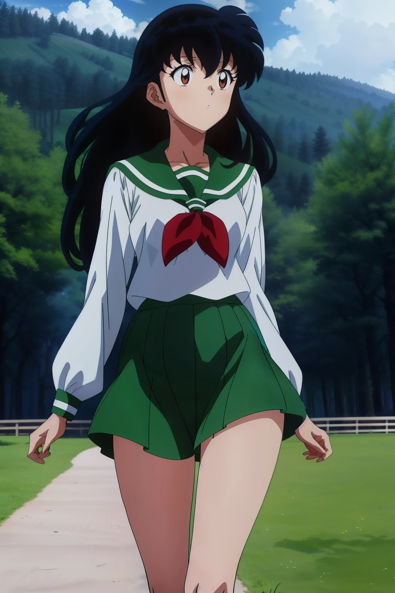 (Masterpiece: 1.6, Best Quality), (Fine Beautiful Eyes: 1.2), (best quality, masterpiece, highres), kagome higurashi, 1girl, solo, brown eyes ,green school uniform, soft thighs , long sleeves, white socks, scenery , Best Quality, ((anime)) ((Colored)) HD, ,Standing, Green skirt, Red scarf, long hair, Black hair between the eyes, Thighs are soft, school background , green pantyhose