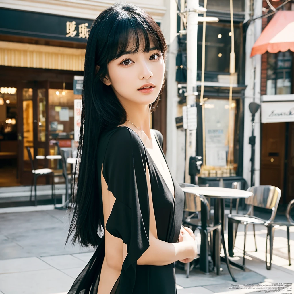 A woman in her early twenties set to grace the pages of a fashion magazine. She proudly flaunts graceful and demure black hair, with bangs elegantly reaching just above her eyes. The lustrous black hair further enhances her beauty. Her deep brown eyes are impressive, portraying an elegant, glamorous, and intellectually refined expression. The setting is in front of a stylish cafe. She stands alone, allowing a view of her entire body from head to toe."