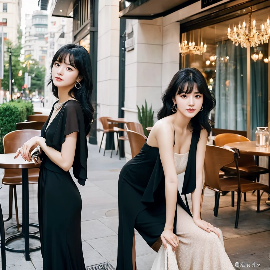 A woman in her early twenties set to grace the pages of a fashion magazine. She proudly flaunts graceful and demure black hair, with bangs elegantly reaching just above her eyes. The lustrous black hair further enhances her beauty. Her deep brown eyes are impressive, portraying an elegant, glamorous, and intellectually refined expression. The setting is in front of a stylish cafe. She stands alone, allowing a view of her entire body from head to toe."