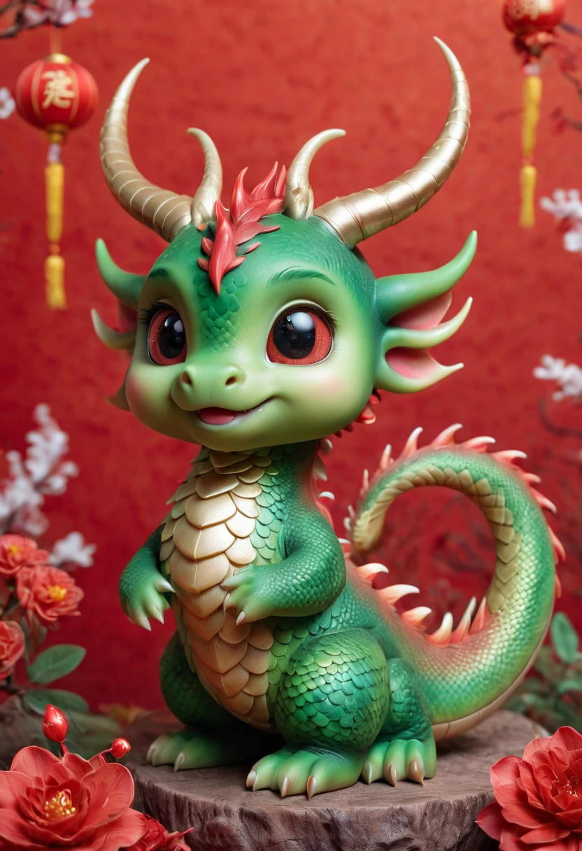 Chinese dragon，Q version，Cute little dragon，Red space，festive atmosphere，Spring Festival，Lovely antlers，Chinese elements，Cartoon，Cute pet，Lively