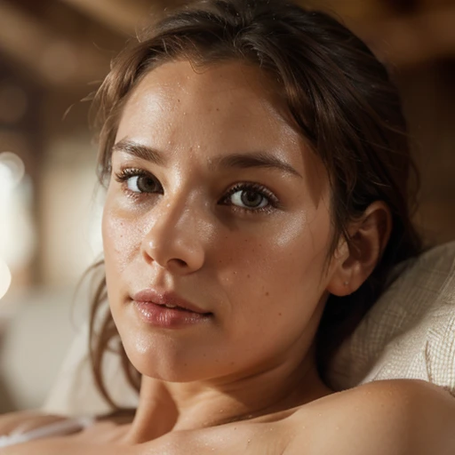 a 35 years old girl, depth oF Field, First-person view, F/1.8, 135mm, Nikon, Uk hd, retinas, tmasterpiece, acurate, Anatomically correct, ctextured skin, super detailing, high detal, high qulity, Best quality at best, A high resolution, 1080p, k hd, 4K, 8K, sweat ,Freckled skin