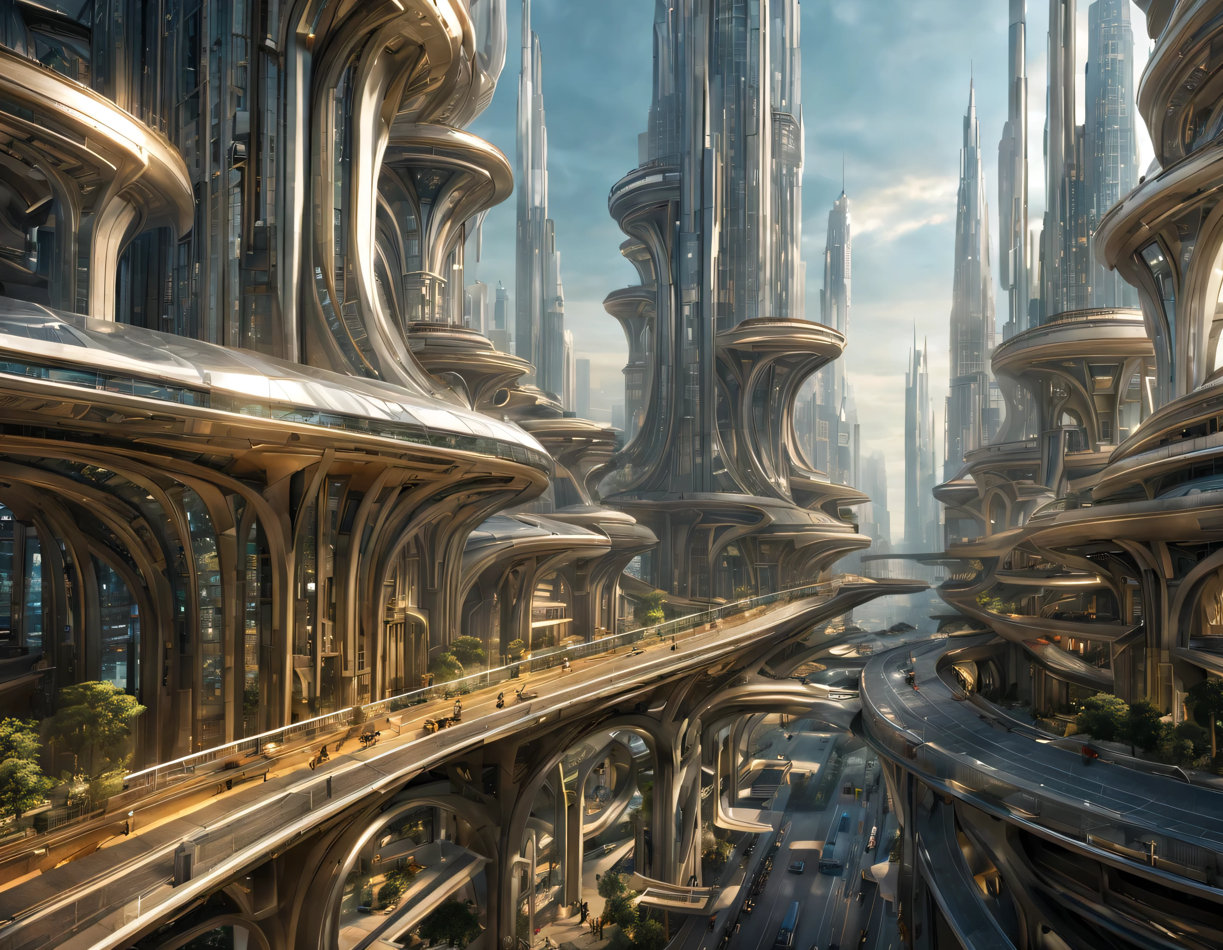 the city of megacity futuristic science fiction city as it would be in the year 3029, vista desde una terraza , with high-tech design , edificios de metal y cristal, highways crossing them, de una inmensidad impresionante, con el empleo de oro , silver and bronze in its construction, realmente impresionante a la vista, imagen bien definida, sharp well defined background, con muchos edificios juntos. sharp well defined 8k image. los edificios llegan alta el fondo.,8k. cinematographic image, renderizado 3d, ((obra maestra de superior calidad)).