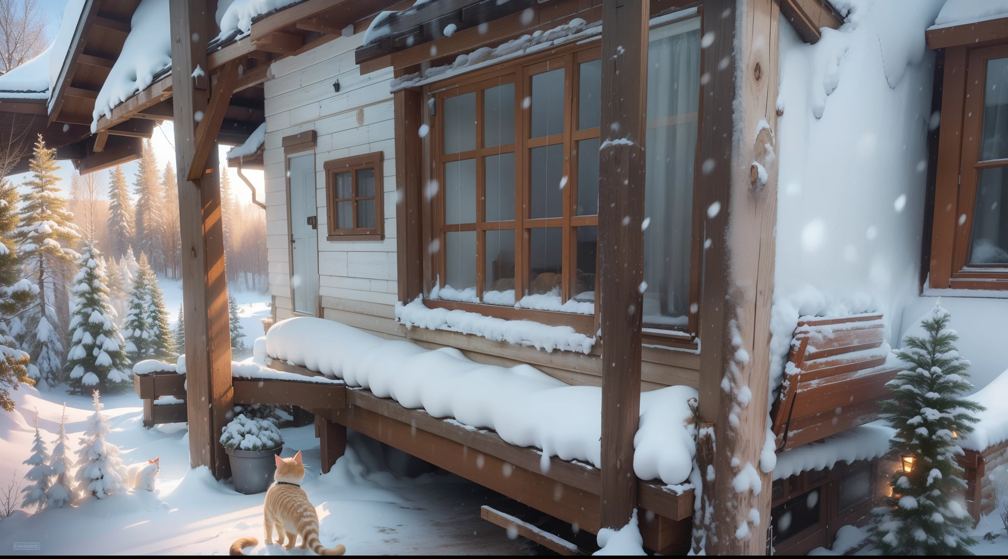 I like cozy cabins and small huts with huge windows. I especially like to spend time near the fireplace and look at the wonderful view outside that window on days when I don’t feel like going out the door at all. Today is just such a day. The snow began at night, but after a few hours the whole valley was covered with a white carpet. Even though it snowed for half a day, I think this is just the beginning. I'm sure the real snowstorm will start in the late afternoon. But none of this bothers me at all. My cabin is warm and cozy, and my beloved cat is always with me! That's all i need today.