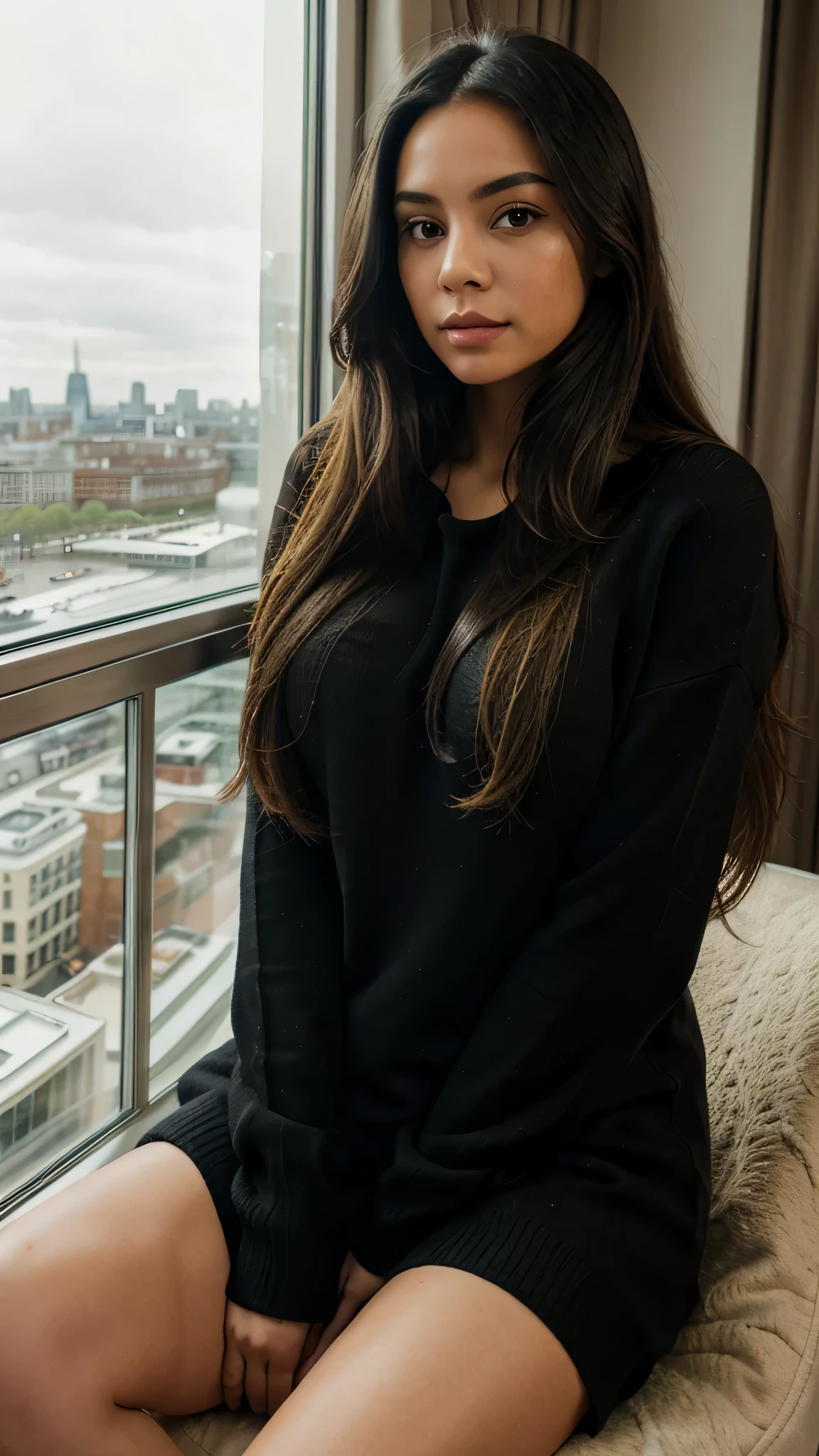 Photo RAW, a beautiful Latina woman, long black hair with blonde tips, wearing only a luxurious sweater, sitting in front of a large window to the view of the London eye, in a luxurious hotel
