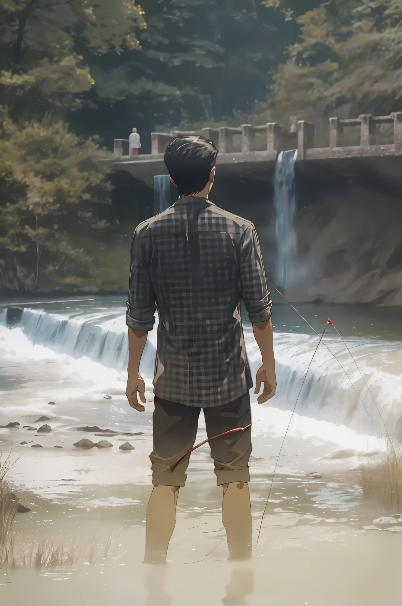 there is a man standing in the water with a kite, standing next to water, standing in a waterfall, standing near a waterfall, river in front of him, standing in a shallow river, cinematic film still, standing in a lake, standing in a pond, standing in front of a waterfall, near a river, cinematic movie still, cinematic still