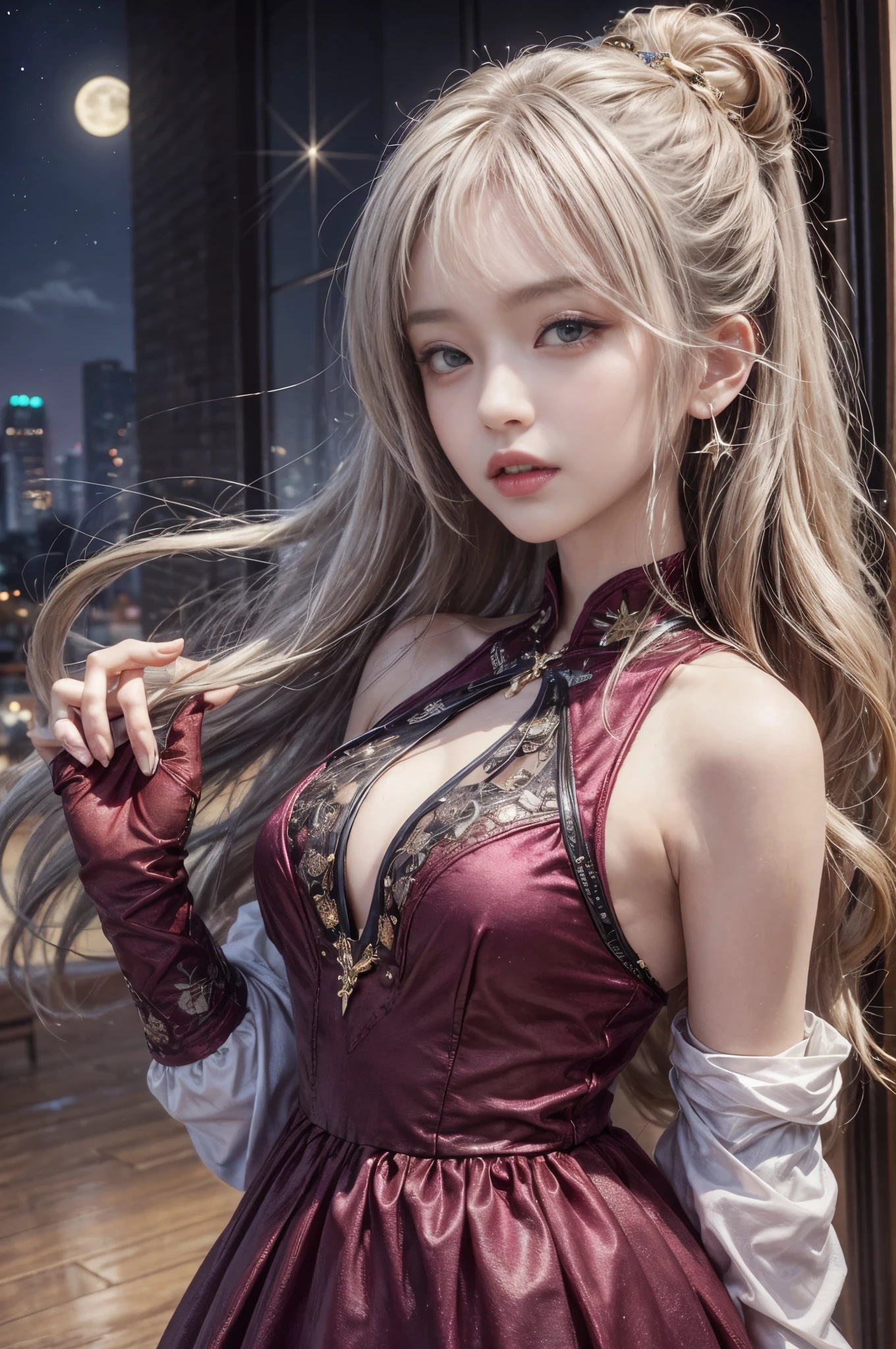 (フロントフォーカス、完璧な解剖学:1.5)、(超詳しい、16K品質、本物 skin: 1.6)、hyper 本物ist、本物.映画のような照明、肖像画、非常に詳細な顔、1 美しいタイの女の子、 (美しい14歳のハーフタイ人/日本の女の子、笑顔:1.3)(ミディアムストレートの茶色の髪、大きなスリット目、アイシャドウ、アイライナー、グリーンカラーコンタクトレンズ:1.5)派手なギャルメイク(黒く日焼けした肌、黒い皮膚:1.8)日焼け、アイライナー、赤い唇.BREAK、clothing:
Material: (High-quality velvet. The material reflects light beautifully and creates a flowing drape that follows your movements. It has a heavy and warm feel that is suitable for winter. :1.5),
Color: (Rich burgundy. Matches the night atmosphere and gives an elegant and calm impression. The dress is decorated with shiny silver and gold embroidery and beads to evoke the sparkle of stars. There may be cases:1.4),
Design: (A-line or empire waist design offers a figure-flattering silhouette. Long sleeves and hem long enough to touch the floor. Clear material on the chest and back 1.2),(also can be decorated with fine embroidery and beads:1.1),
Accessories: (Earrings and necklaces studded with crystals and rhinestones, which sparkle in the moonlight or starlight. As hair accessories:1.1),(Think silver or gold hairpins or clips.:1.1),
Shoes: (Simple and elegant stiletto heels. Choose dark tones to match your dress.),フルボディ