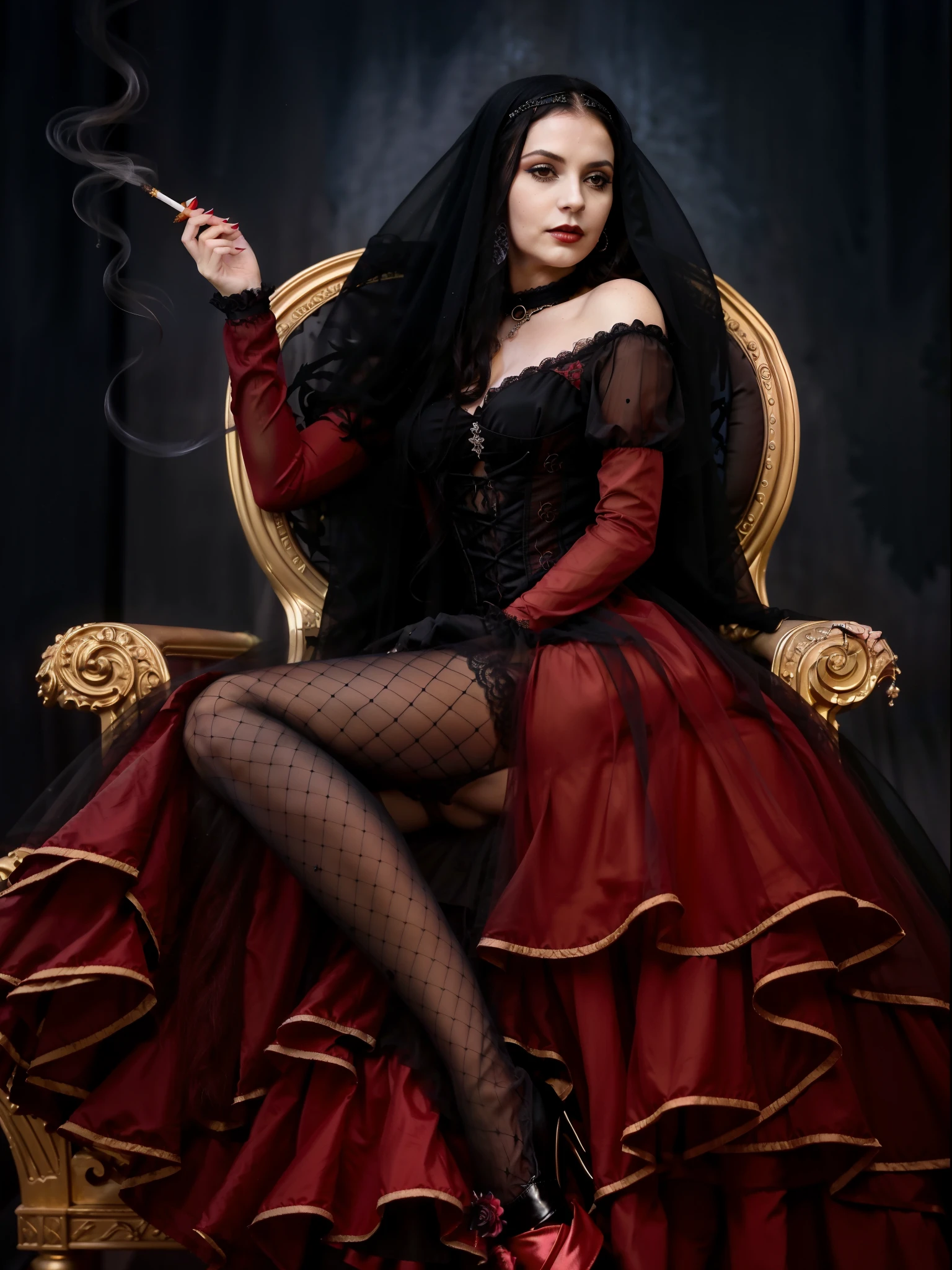 mulher arafa de vestido vermelho sentada em uma cadeira com um cigarro, Gothic regal, Gothic art style, she is the queen of black roses, beautiful and elegant demon queen, linda rainha feminina vampira, dark gothic queen, ((uma linda imperatriz de fantasia)), linda rainha vampira, Gothic style, Gothic!!, an elegant Gothic princess, wearing modern Gothic clothes
