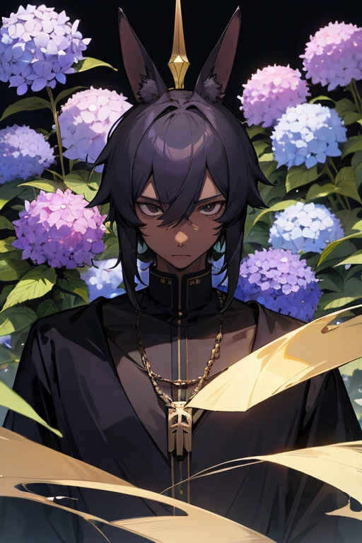 cartoon, man, boy, anubis species, scarab beetle, scarab antennas, wings, kemonomimi, (highest picture quality), masterpiece, best quality, extremely detailed CG wallpaper, ultra_detailed, black eyes, 1man, solo, tall, short_uncommon_hairstyle, masterpiece, best quality, black and purple, grey skin color, hydrangea,