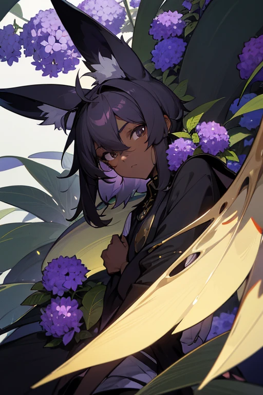 cartoon, man, boy, anubis species, scarab beetle, scarab antennas, wings, kemonomimi, (highest picture quality), masterpiece, best quality, extremely detailed CG wallpaper, ultra_detailed, black eyes, 1man, solo, tall, short_uncommon_hairstyle, masterpiece, best quality, black and purple, grey skin color, hydrangea,