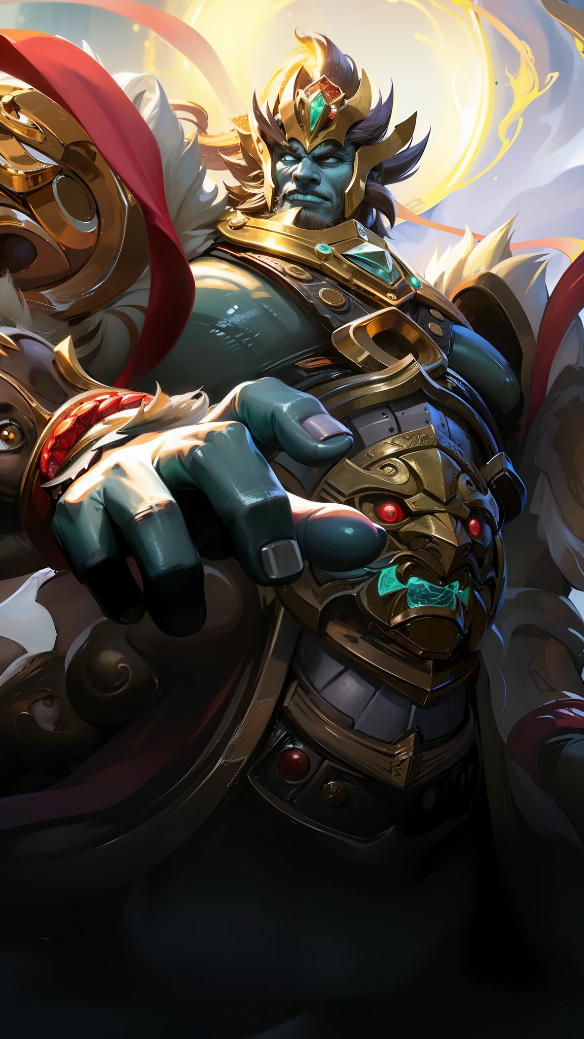 masculine male, masterpiece, ((perfect eyes)) best quality, (semirealism:1.9), beautiful lighting, (extremely detailed CG unity 4k fhd wallpaper), High Detail, Sharp focus, dramatic outdoors,40 years old, brown short hair, blue eyes, smile, Boy with two big horns, big earrings on ears, elf ear, red eyes, Thick eyebrows, evil smile, grinning,red body, red face, Burning skin, yellow diamonds glistening on chest, burning red skin,golden robe behind, big white belt , 8k , realistic, scary.
