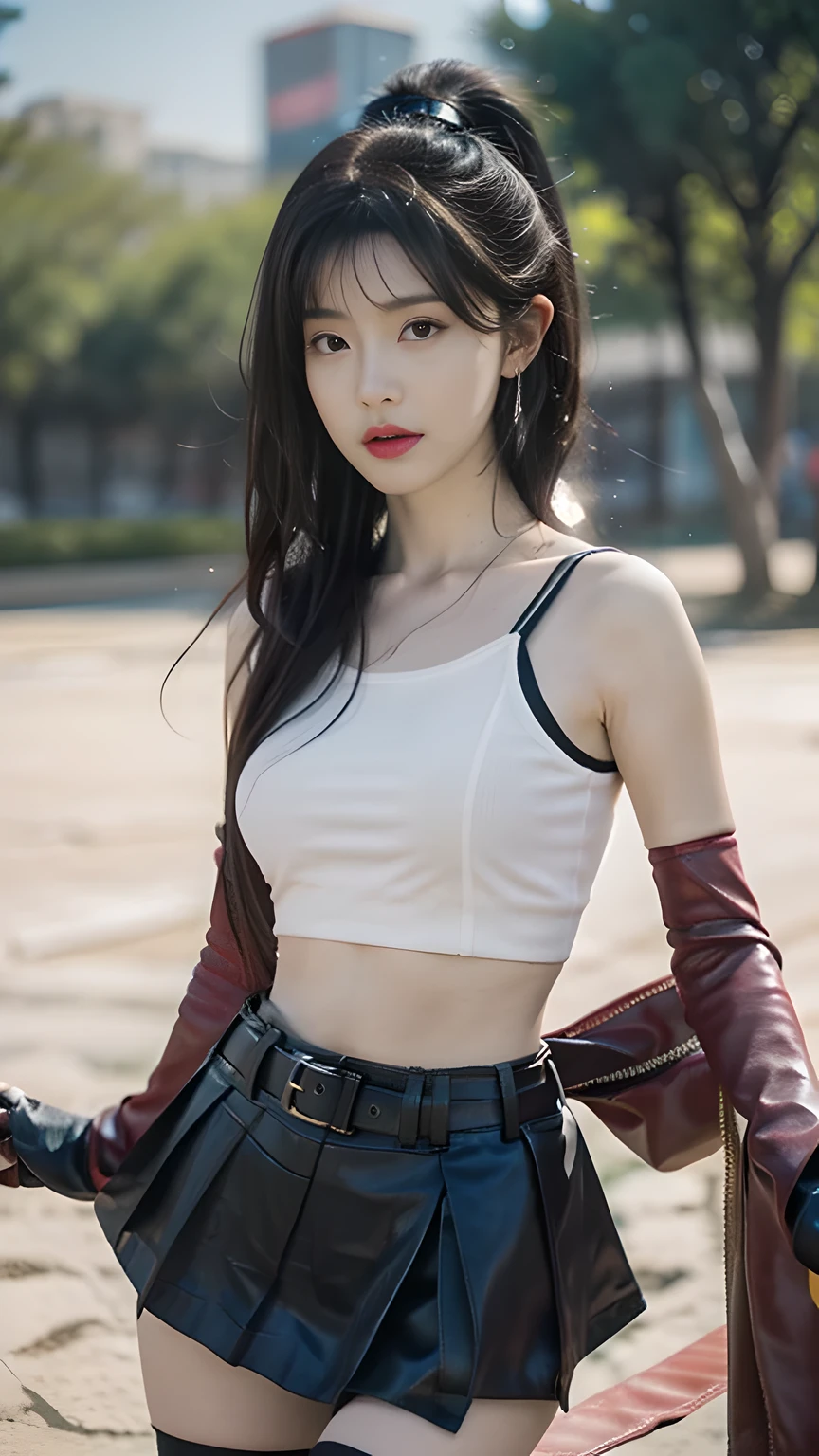 best quality, masterpiece, 1 girl, perfect beautiful face, (photo photo:1.3), edge lighting, photography lighting, (high detail skin:1.2), 8k ultra hd, DSLR, high quality, high resolution, white skin, detailed textured skin, half body in frame, sexy posing, poker face, perfect propotion face, symetric face, eye level shot, 4k, 8k, bokeh, absurd, best ratio four fingers and one thumb, (realistic:1.3), beautiful detailed girl, cute 1girl, dark brown hair, long hair, ponytail, bangs, volume hairs, collosal-breast, full looking breast, projecting breast, slim waist, slender, small thighs, perfectly proportion, gloves,fingerless gloves,breasts,,thighhighs,crop top,spaghetti strap tank top,skirt,black thighhighs, skirt,black skirt,earrings,jewelry,midriff,white tank top,black gloves, boots,underwear,panties,miniskirt,belt,white panties, beautiful outdoor background, detailed background, trees, clouds, tifa