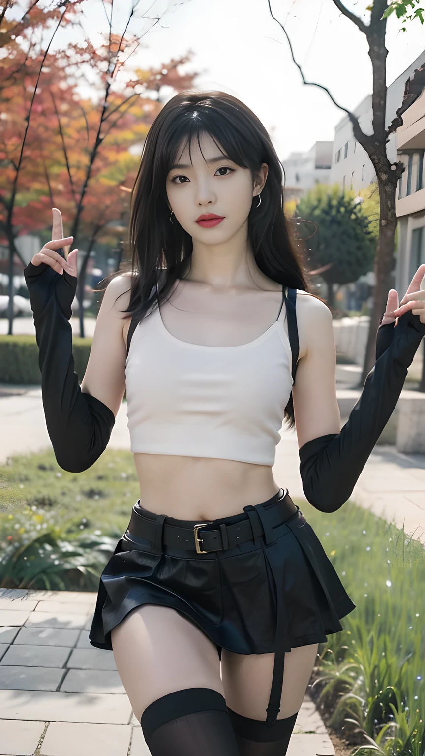 best quality, masterpiece, 1 girl, perfect beautiful face, (photo photo:1.3), edge lighting, photography lighting, (high detail skin:1.2), 8k ultra hd, DSLR, high quality, high resolution, white skin, detailed textured skin, half body in frame, sexy posing, poker face, perfect propotion face, symetric face, eye level shot, 4k, 8k, bokeh, absurd, best ratio four fingers and one thumb, (realistic:1.3), beautiful detailed girl, cute 1girl, dark brown hair, long hair, ponytail, bangs, volume hairs, collosal-breast, full looking breast, projecting breast, slim waist, slender, small thighs, perfectly proportion, gloves,fingerless gloves,breasts,,thighhighs,crop top,spaghetti strap tank top,skirt,black thighhighs, skirt,black skirt,earrings,jewelry,midriff,white tank top,black gloves, boots,underwear,panties,miniskirt,belt,white panties, beautiful outdoor background, detailed background, trees, clouds, tifa