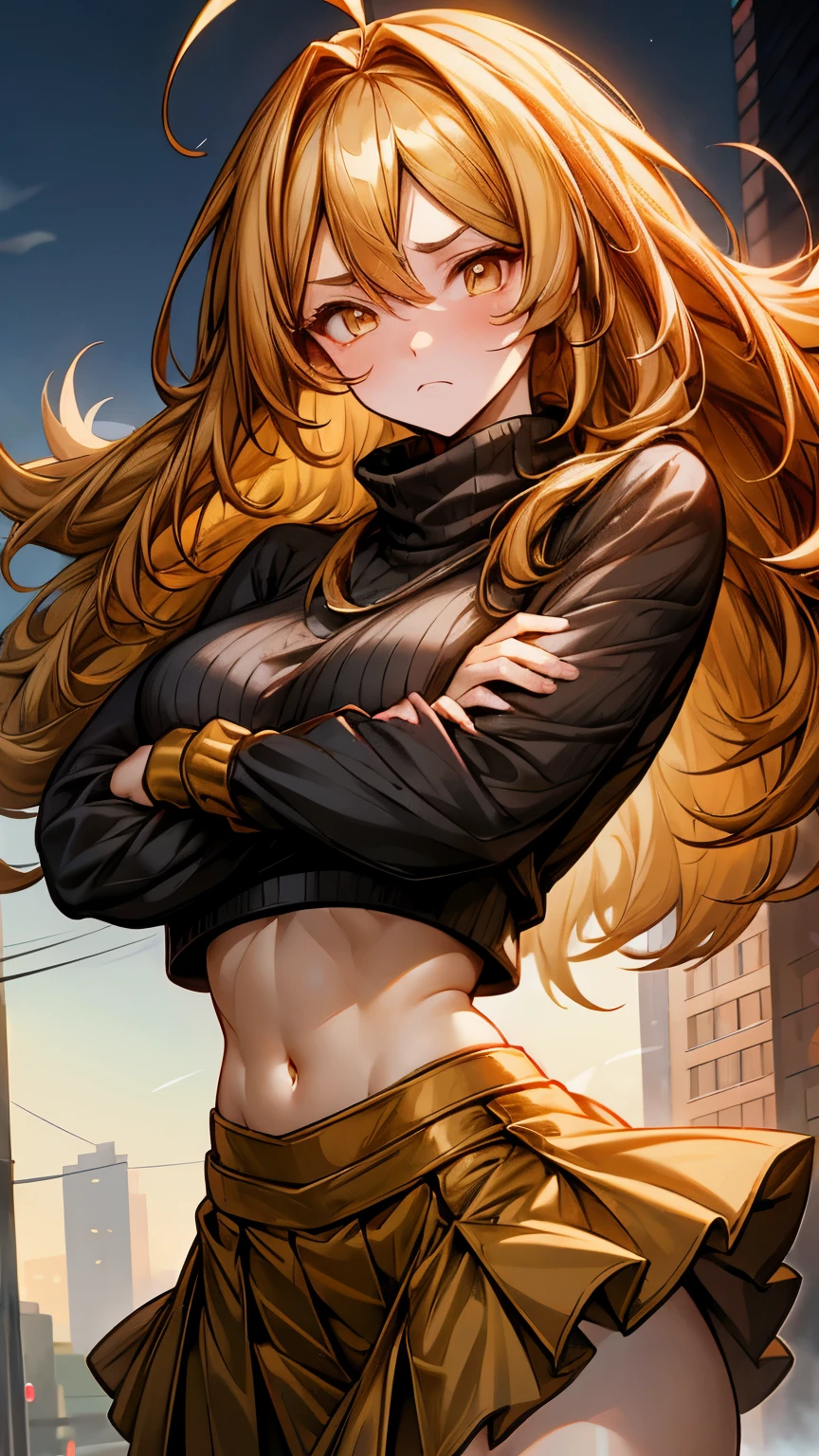 Anime girl, 1 anime girl, golden hair, golden eyes, golden pupils, glowing eyes, thick hair, blown by the wind, crop top, skirt, blush, sunlight, night, street city landscape, white skin, wear plain sweater, beautiful, Embarrassed pose