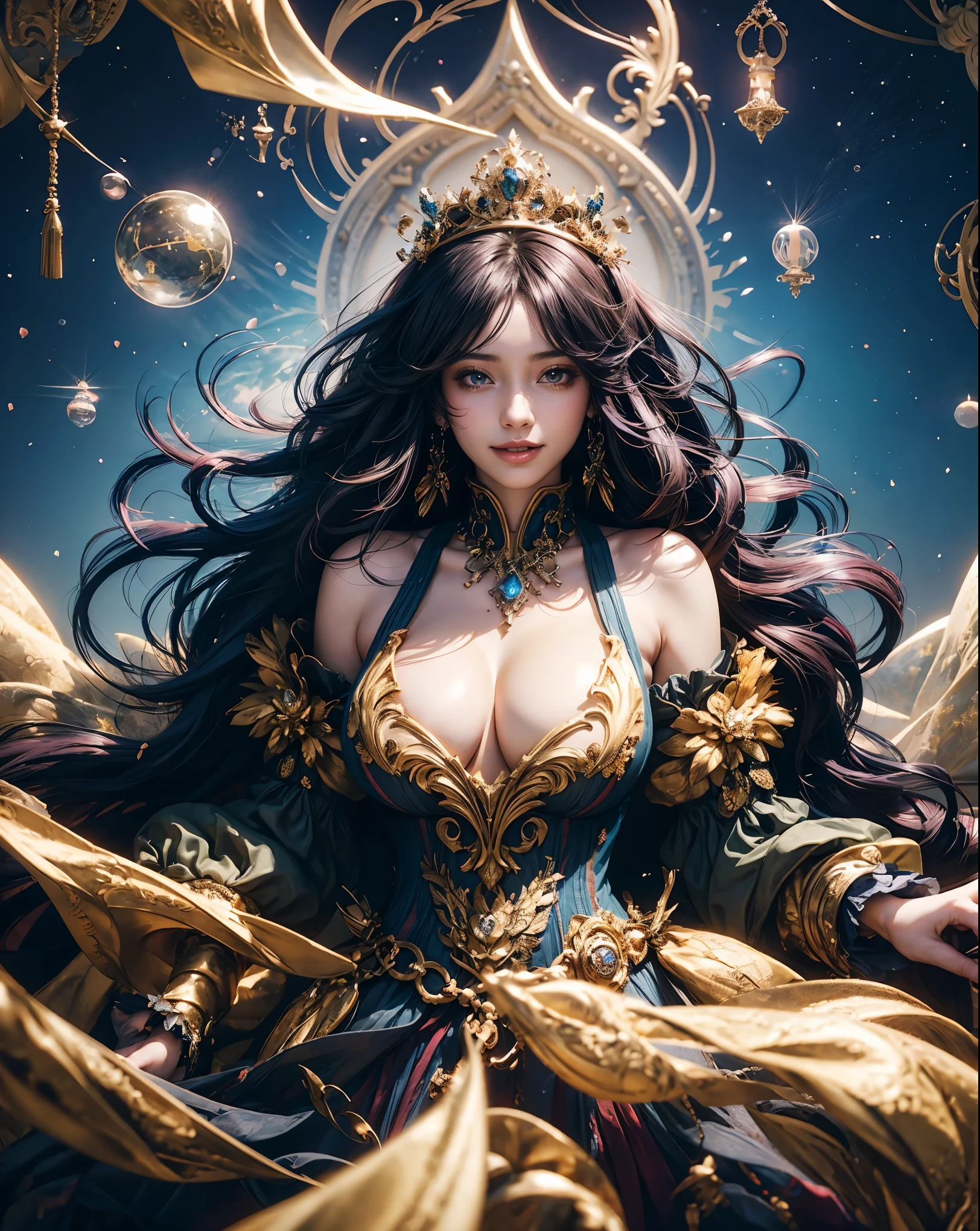 ((highest quality、table top、8K、best image quality、extremely complex and detailed depiction))、(one of the most beautiful princesses:1.1)、big and full breasts、Shining beautiful skin、fair skin,the biggest smile looking at me、(The most fantastic and sparkling cosmic finest dress:1.2)、(The most fantastic sparkling galaxy dress:1.2)、beautiful elegant decoration、Diamond Decoration、The most luxurious and highest quality giant tiara、The most luxurious and highest quality giant necklace、artistic decoration、finest jewelry decoration、The most gorgeous decorations in the world、The most fantastic and mysterious galaxy background、shining galaxy starry sky、the most mysterious cosmic glow、accurate anatomy、voluptuous,goddess,1girl,(make up face:1.1),