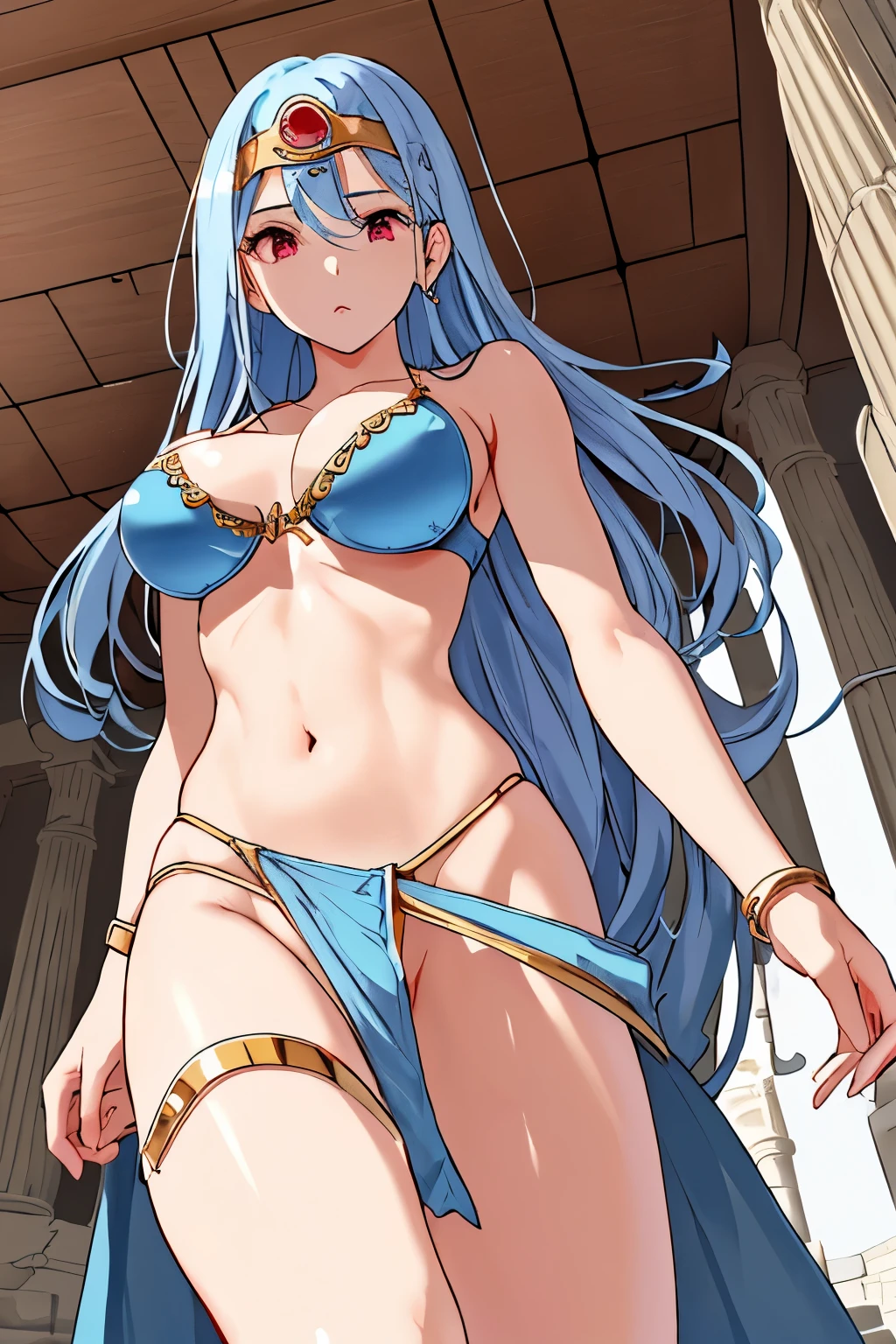 pieces fly、High resolution、1 girl、gold circlet、((sage \(DQ3\)、blue hair、circlet、light blue hair、red eyes))、16 years old、low length、slender、muscular、thin thighs、(((Sexual bra with delicate decoration、Sexual loincloth with detailed decorations、bikini armor)))、Western Temples、ancient temple、marble columns、Shot of her from below