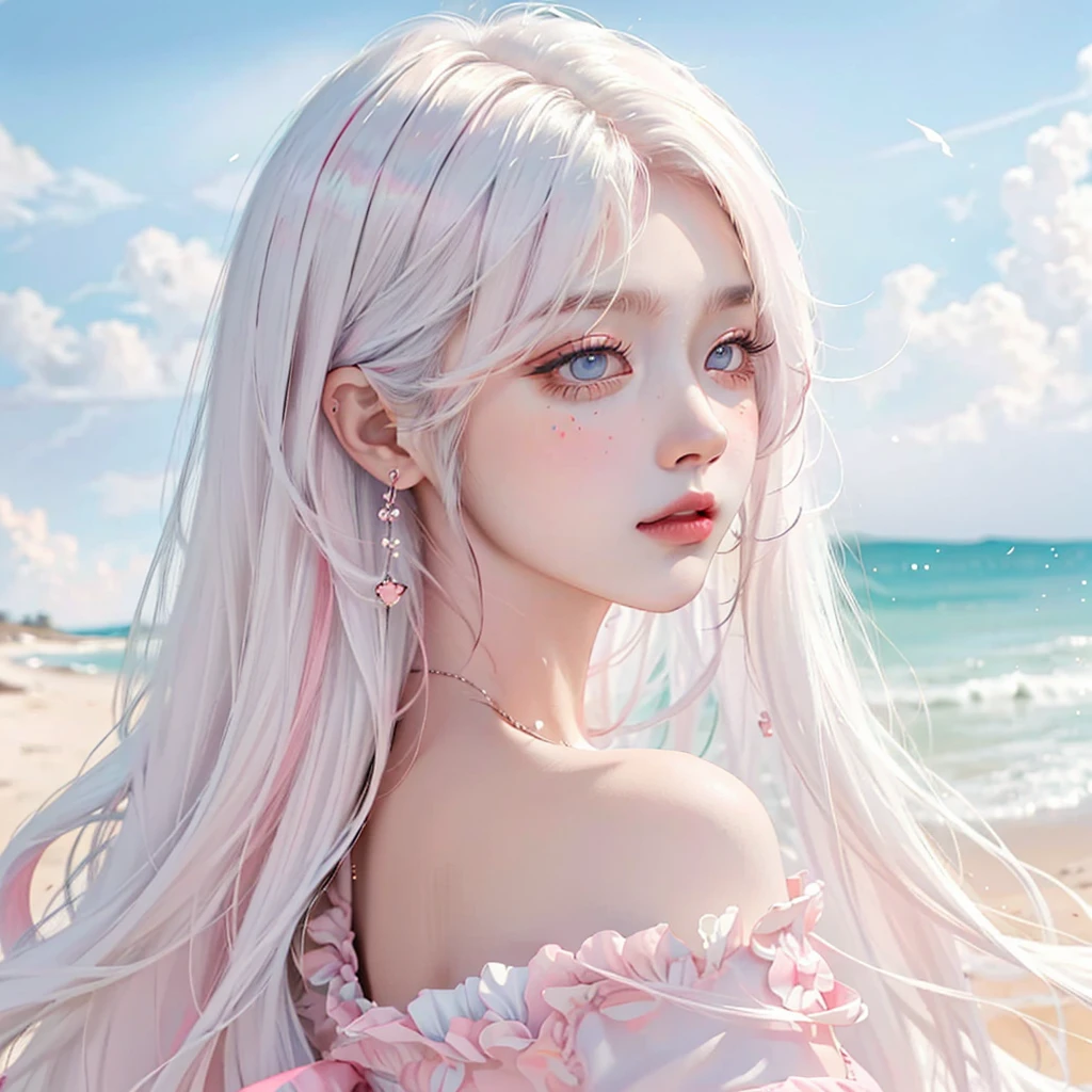 （tmasterpiece、best qualtiy、A high resolution），white backgrounid，Acrylic paints，（（splash of color，Splash ink、Color splattering）），Sweet Chinese girl，pink long hair，[light blues|Pink big breasts]the hair，curlies，glitters，Pink lips，White color blouse，frontage，Upper body masterpiece，Need，ultra - detailed，illustration，sportrait，1girll，Colorful eyes，long whitr hair，curlies，By bangs，Look sideways at the camera，with a pure white background，gradient backgrounds，Harnes，cropped shoulders，Modern dress ，swordsman，White hair，White-haired god，
