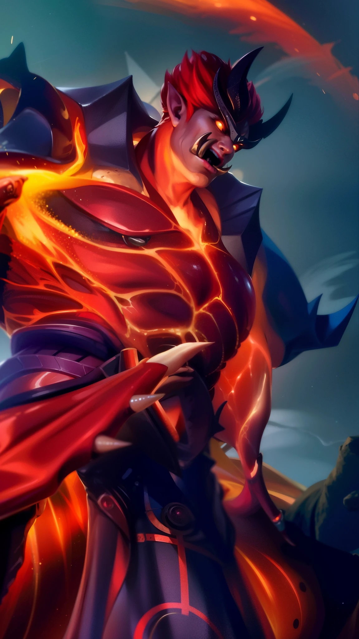 masculine male, masterpiece, ((perfect eyes)) best quality, (semirealism:1.9), beautiful lighting, (extremely detailed CG unity 4k fhd wallpaper), High Detail, Sharp focus, dramatic outdoors,40 years old, brown short hair, blue eyes, smile, Boy with two big horns, big earrings on ears, elf ear, red eyes, Thick eyebrows, evil smile, grinning,red body, red face, Burning skin, yellow diamonds glistening on chest, burning red skin,golden robe behind, big white belt , 8k , realistic, scary.