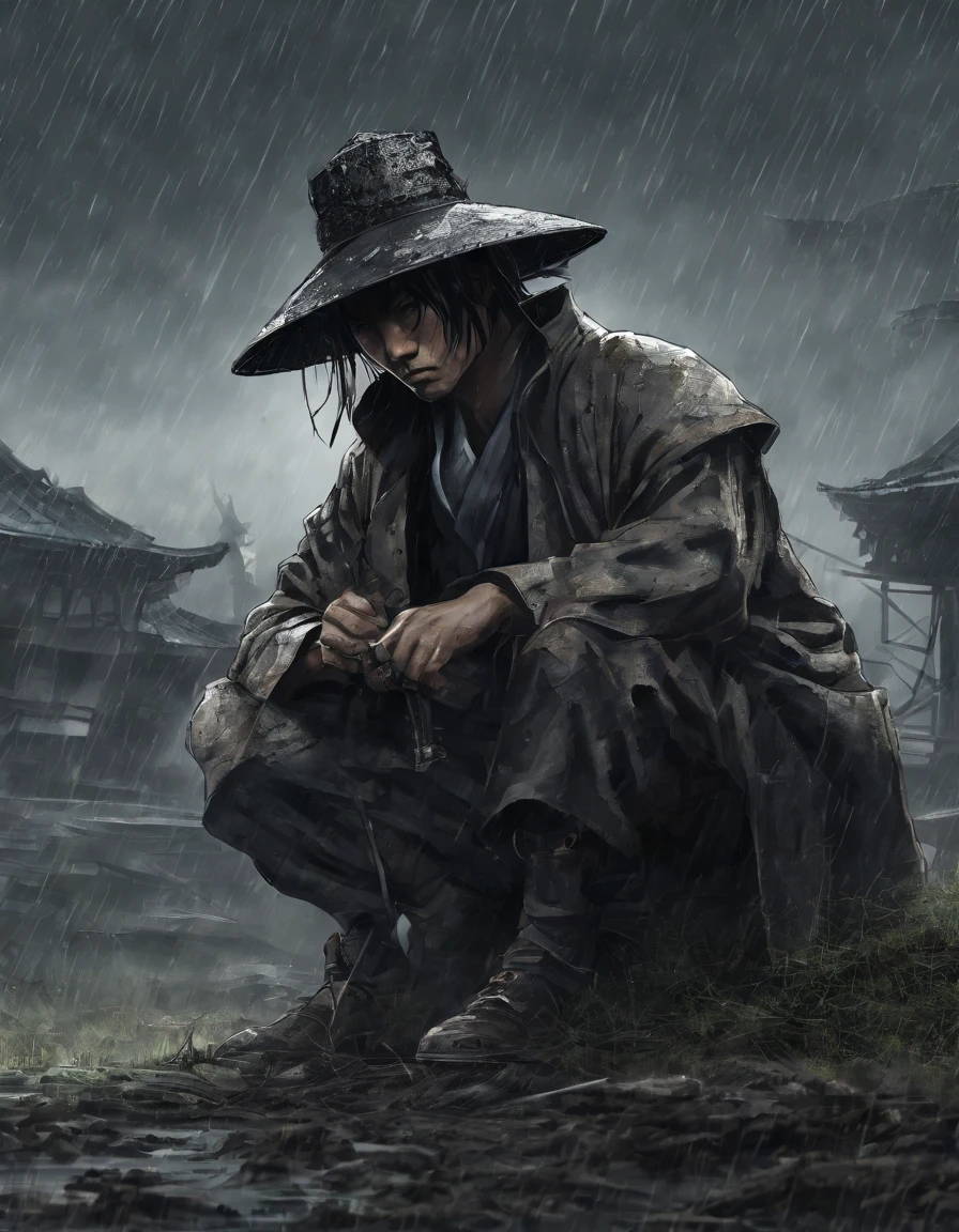 A broken samurai ((knealing)) on lawns looking down at his ((broken sword)) holding it by his both hands while wearing a ((straw hat)) and some of his clothing being ripped at a heavy rainy night