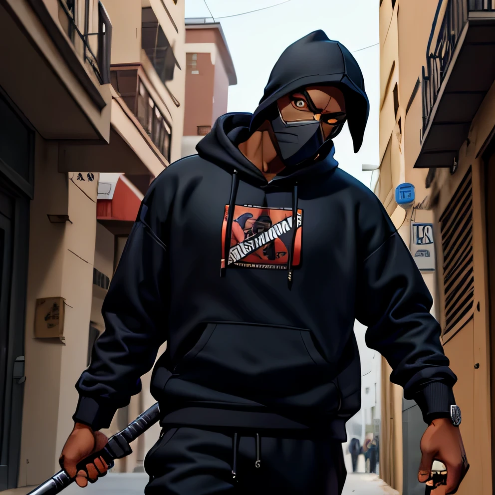 Dark skinned guy, anarchist (criminal). Mask on, crowbar in hand. Dressed in a sweatshirt and tracksuits