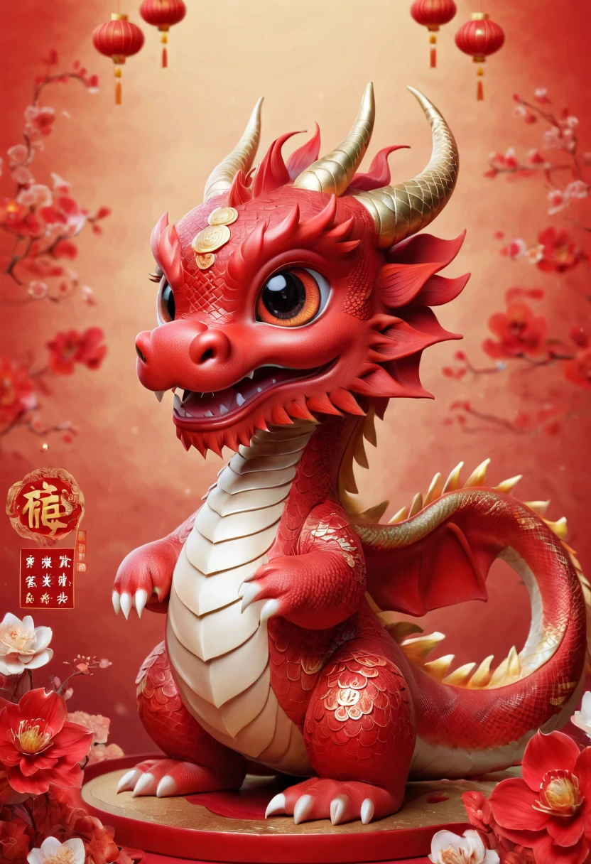 Chinese dragon,Q version,Cute little dragon,Red space,festive atmosphere,Chinese New Year,CNY,Chinese elements,Cartoon,Cute pet,Lively