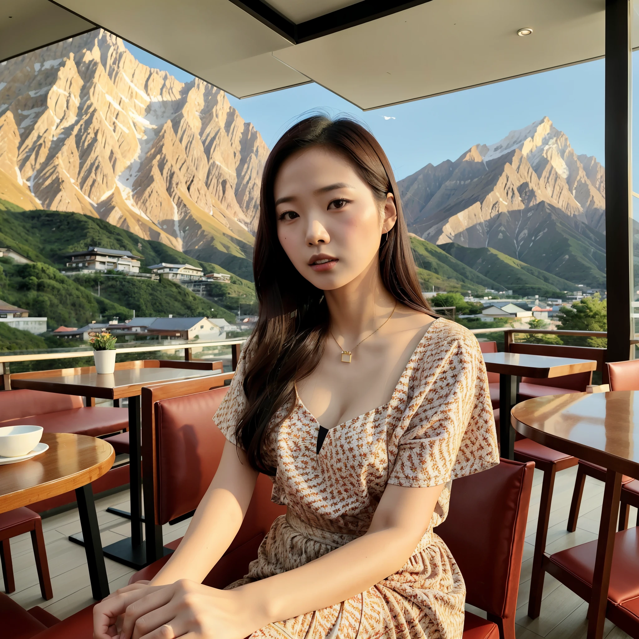 araffe woman sitting in a restaurant with a mountain backdrop, cindy avelino, beautiful south korean woman, gorgeous young korean woman, jaeyeon nam, beautiful young korean woman, gorgeous lady, sakimichan, heonhwa choe, taken with canon eos 5 d mark iv, korean girl, gemma chen, fanart, trending artwork, korean artist