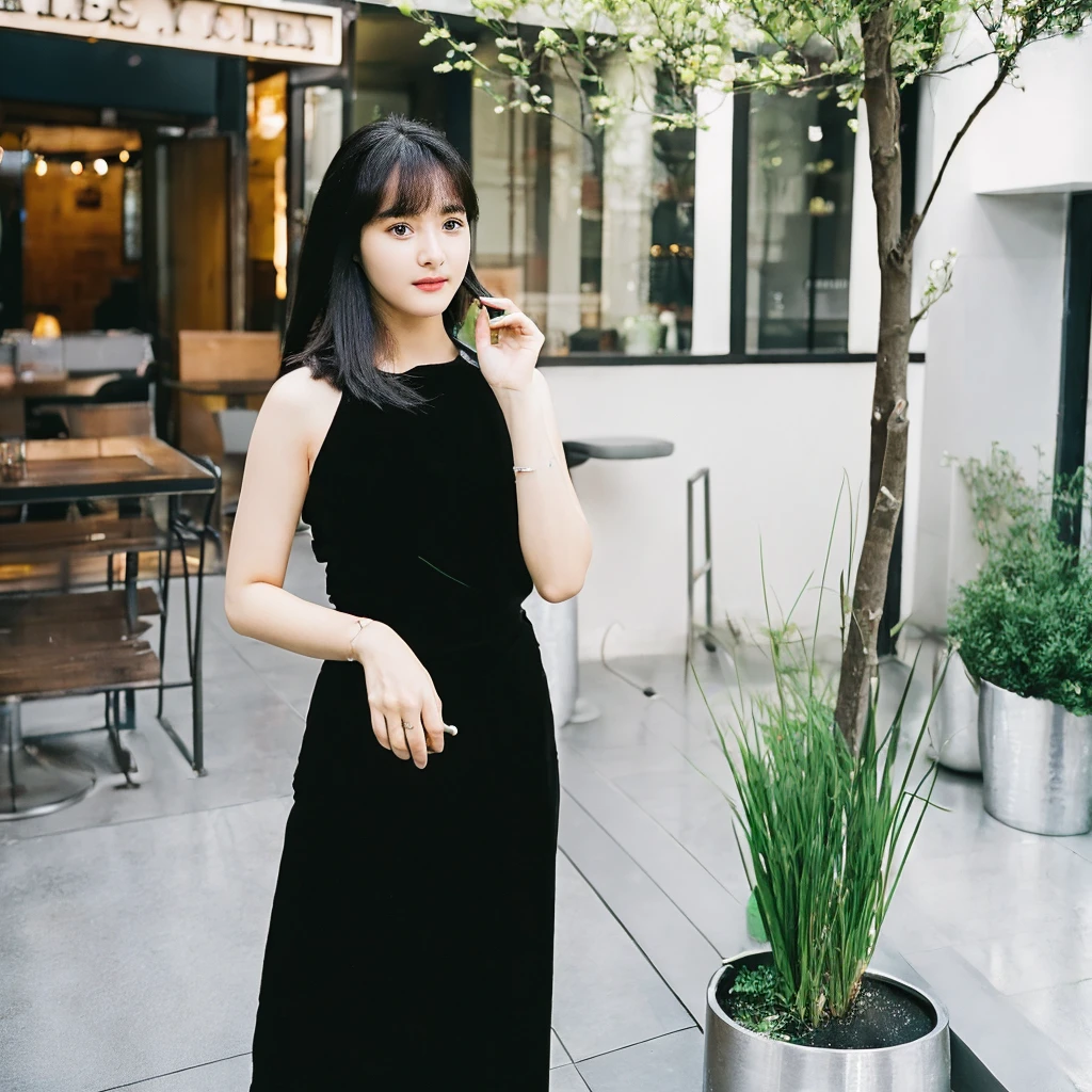 A woman in her early twenties set to feature in a fashion magazine. She proudly exhibits graceful and demure black hair, with bangs gracefully reaching just above her eyes. The lustrous black hair enhances her beauty even more. Her deep brown eyes are striking, portraying an elegant, glamorous, and intellectually refined expression. The setting is in front of a stylish cafe. She stands alone, capturing a moment in front of the cafe. The illustration should showcase her entire body from head to toe, with only one person in the frame."