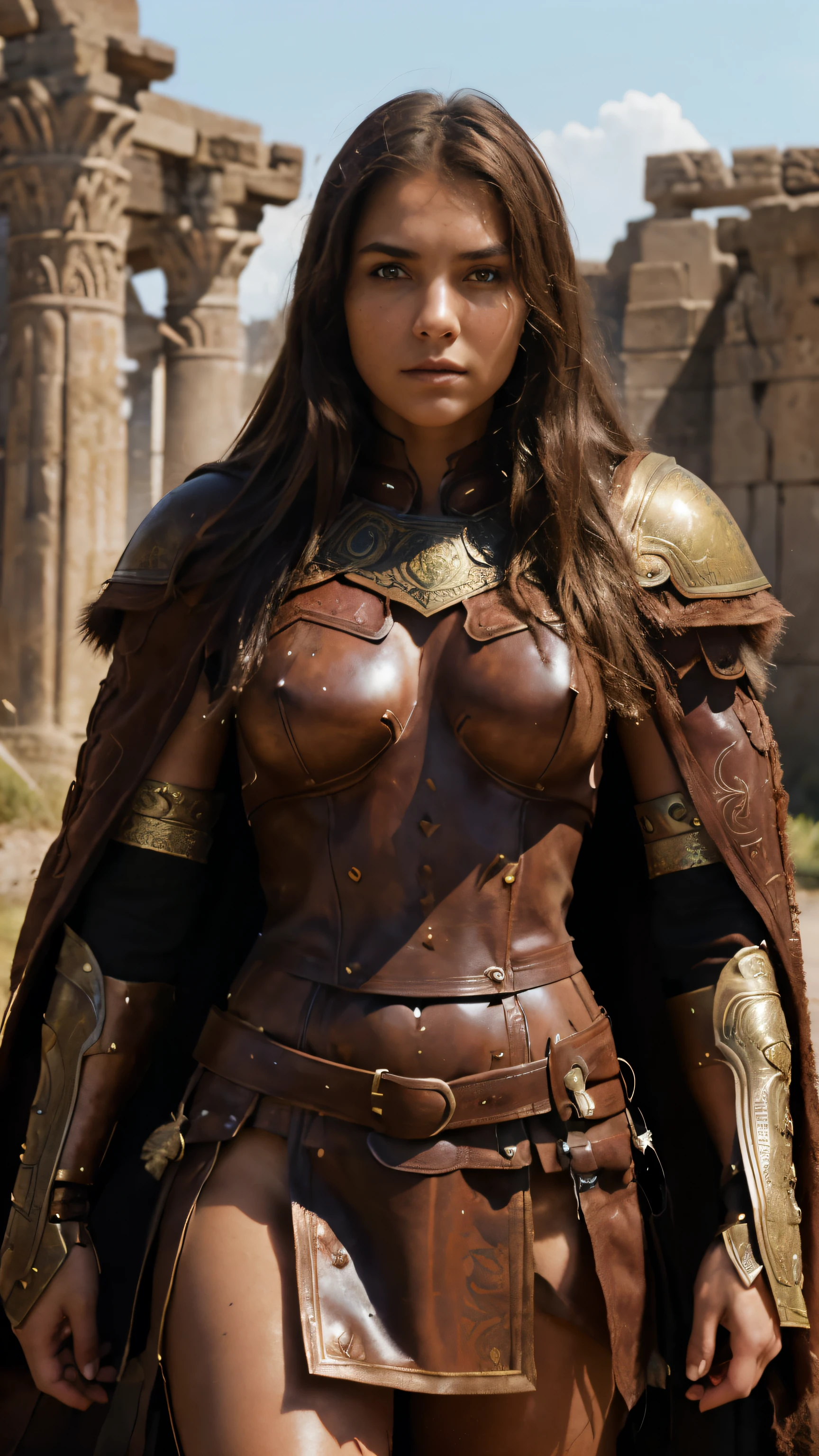 A portrait photo of beautiful girl, warrior girl, merciless face, fair skin and brown hair, brown eyes, developed body, wearing heavy warrior armors, iron colored armors, the armors is highly detailed engraved and embossed. Brown furry cape, ancient warrior army background, dusty environment, hyper realistic photo, medium shot, fantasy photo