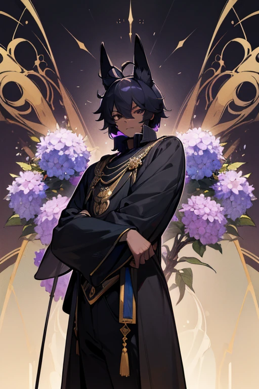 cartoon, man, boy, anubis species, scarab beetle, scarab antennas, wings, kemonomimi, (highest picture quality), masterpiece, best quality, extremely detailed CG wallpaper, ultra_detailed, black eyes, 1man, solo, tall, short_uncommon_hairstyle, masterpiece, best quality, black and purple, grey skin color, hydrangea,