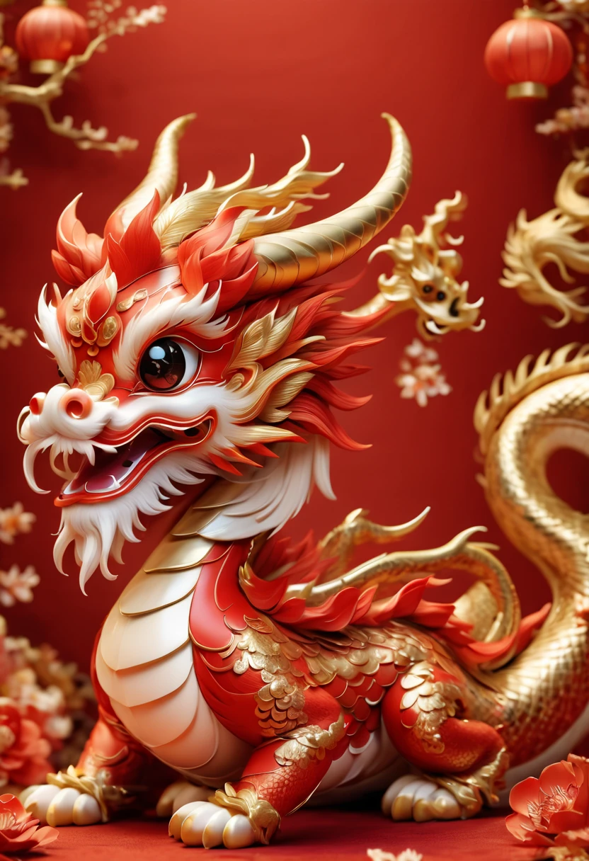 Chinese dragon,Q version,Cute little dragon,Red space,festive atmosphere,Chinese New Year,CNY,Chinese elements,Cartoon,Cute pet,Lively